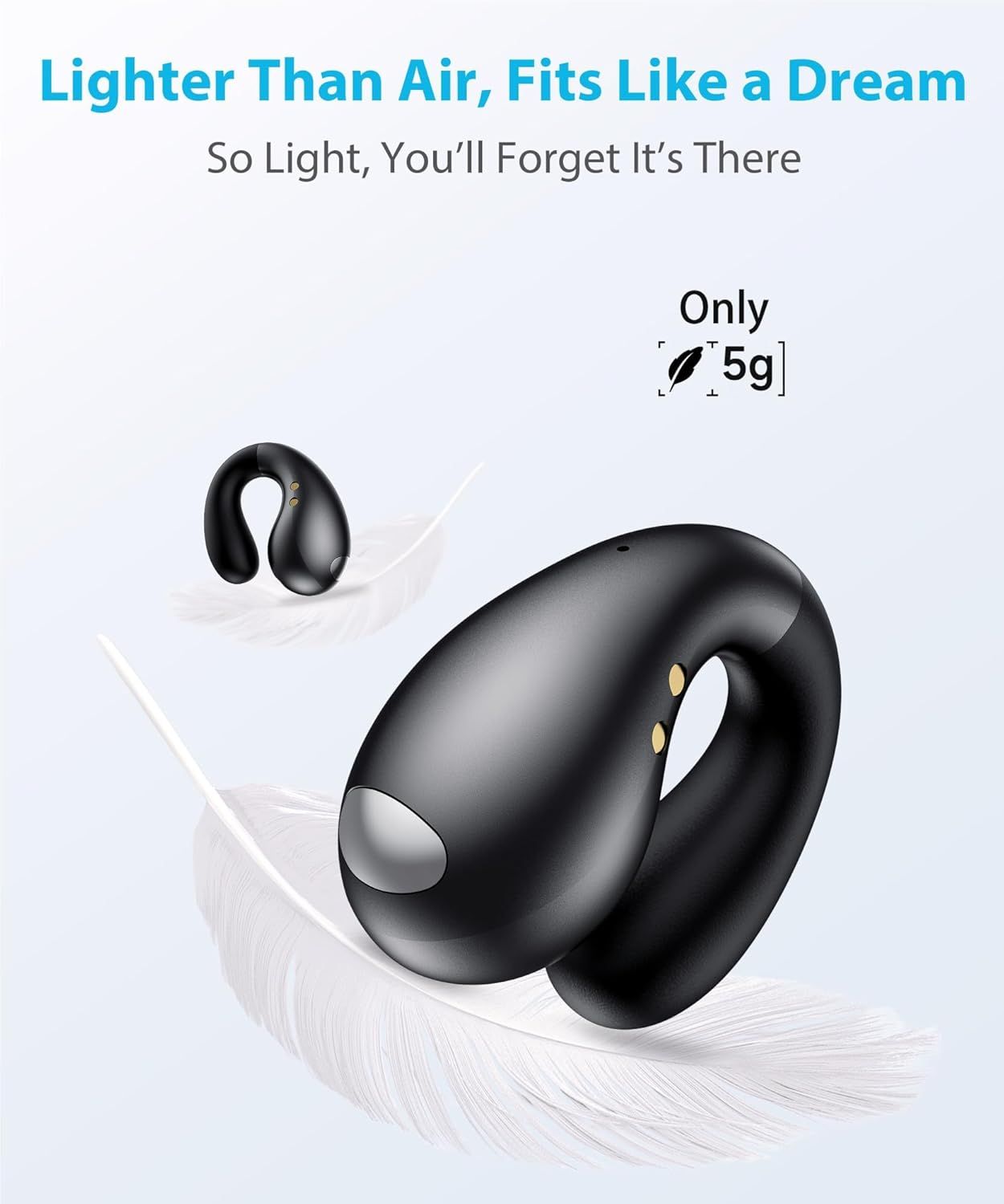 Communicates the product's ultra-lightweight design (only 5g) to reassure shoppers that it will be comfortable and barely noticeable during wear.