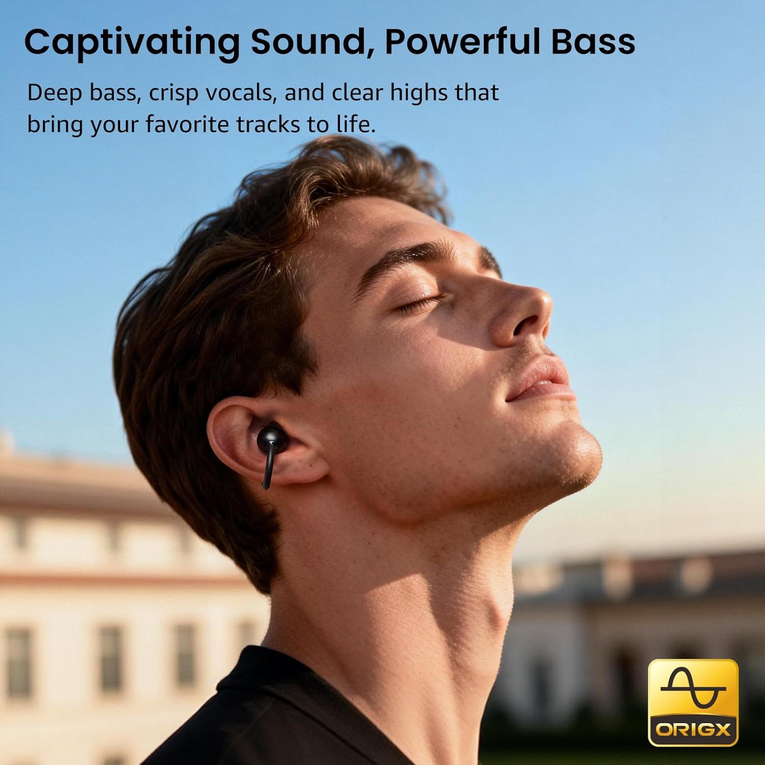 Highlights the superior sound quality of the earbuds, emphasizing deep bass, crisp vocals, and clear highs to appeal to music enthusiasts seeking premium audio performance.