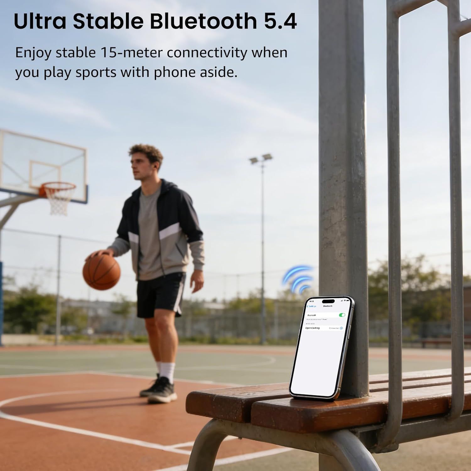 Communicates the stable wireless connectivity range and Bluetooth version to reassure shoppers they can use the product during sports activities without keeping their phone nearby. Demonstrates the…