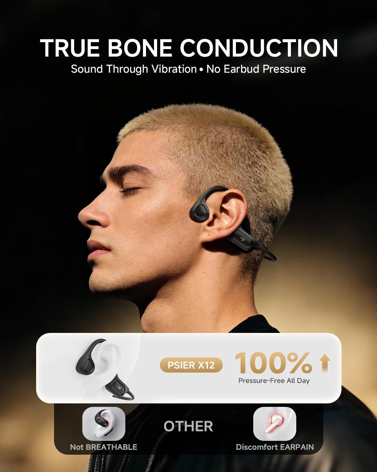 Demonstrates the superiority of the PSIER X12 bone conduction headphones over traditional earbuds by showing 100% pressure-free comfort and highlighting competitor drawbacks like lack of…