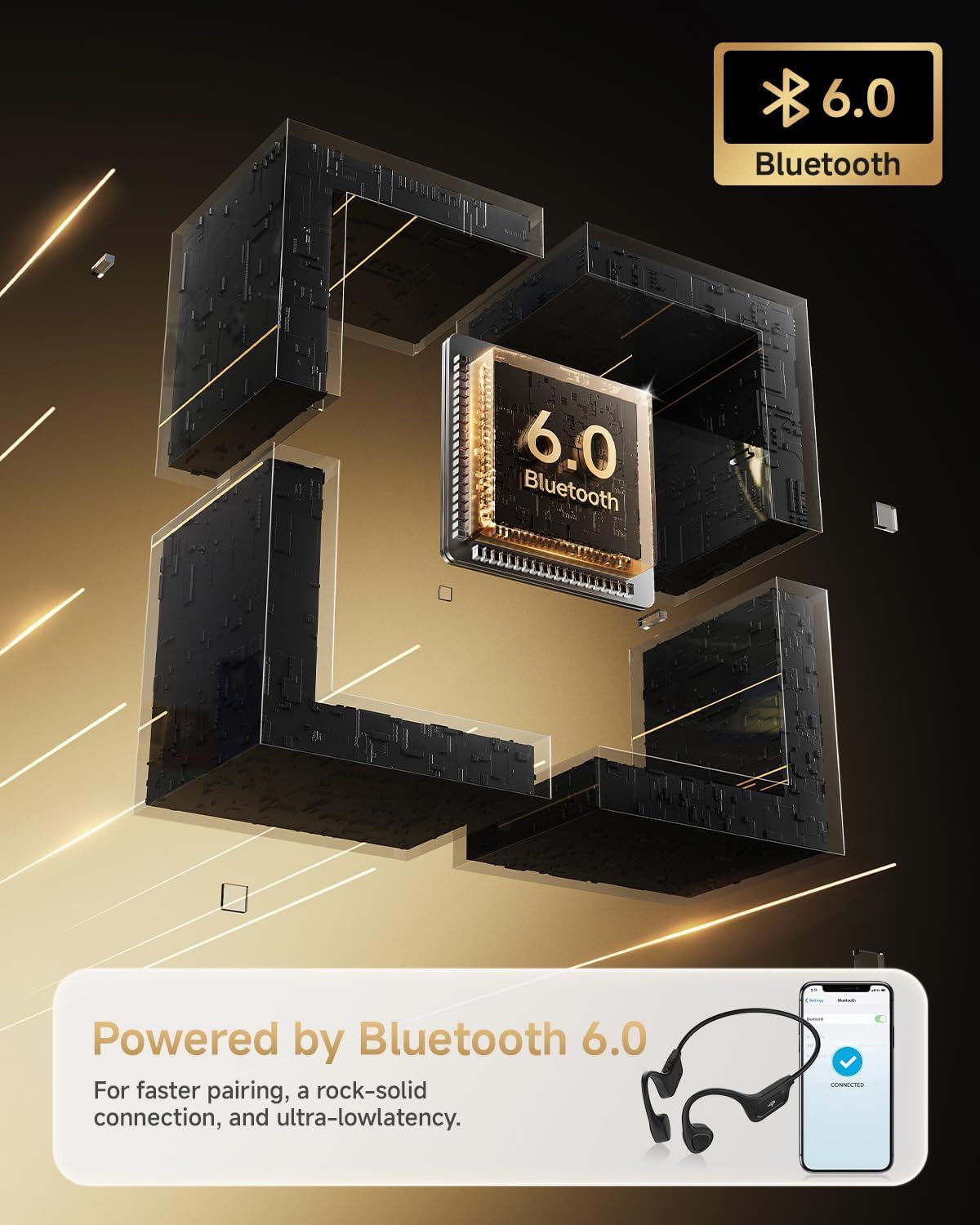 Highlights the product's advanced Bluetooth 6.0 connectivity, emphasizing faster pairing, stable connection, and ultra-low latency to reassure shoppers of superior wireless performance.