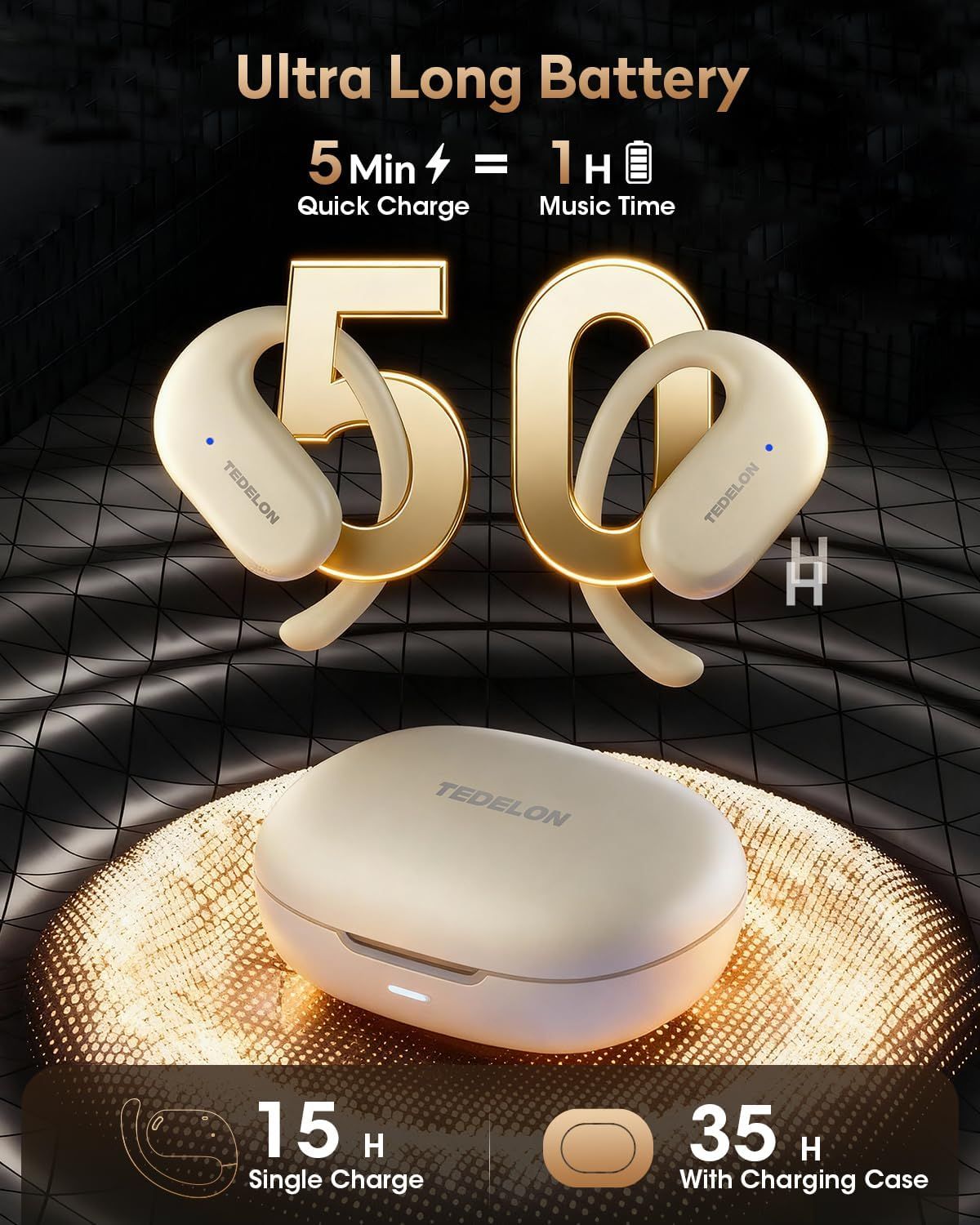 Communicates the product's impressive battery performance with specific metrics: 5 minutes of charging provides 1 hour of music, 15 hours on a single charge, and 35 hours with the charging case,…