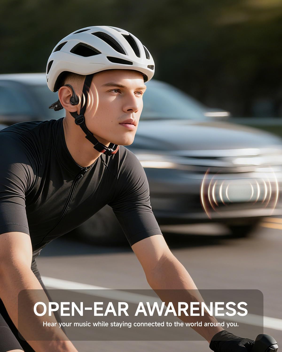 Communicates that the product allows users to listen to music while maintaining awareness of their surroundings, emphasizing safety and connectivity for cyclists and outdoor users.