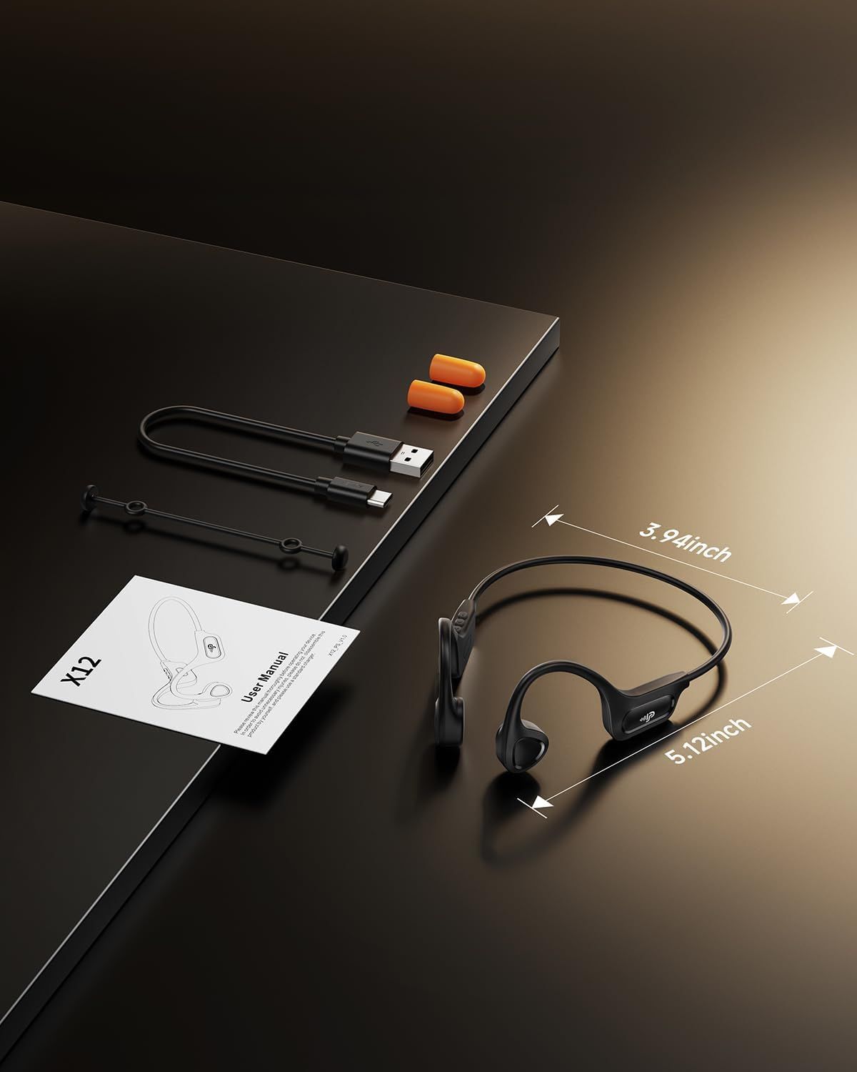 Shows everything included in the box—headphones, charging cable, earplugs, strap, and user manual—to reassure shoppers they're getting a complete kit with all necessary accessories. Displays the…