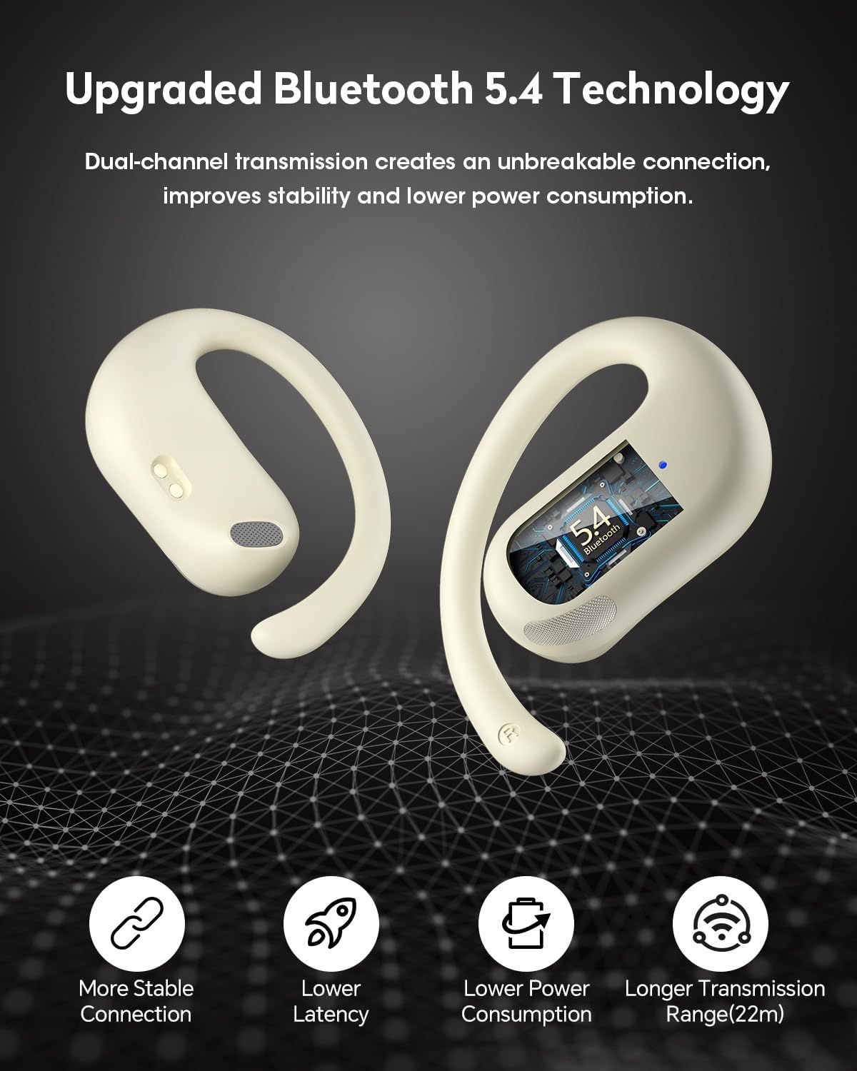Communicates multiple technical benefits of the upgraded Bluetooth 5.4 technology through a segmented layout with icons, highlighting connection stability, latency reduction, power efficiency, and…