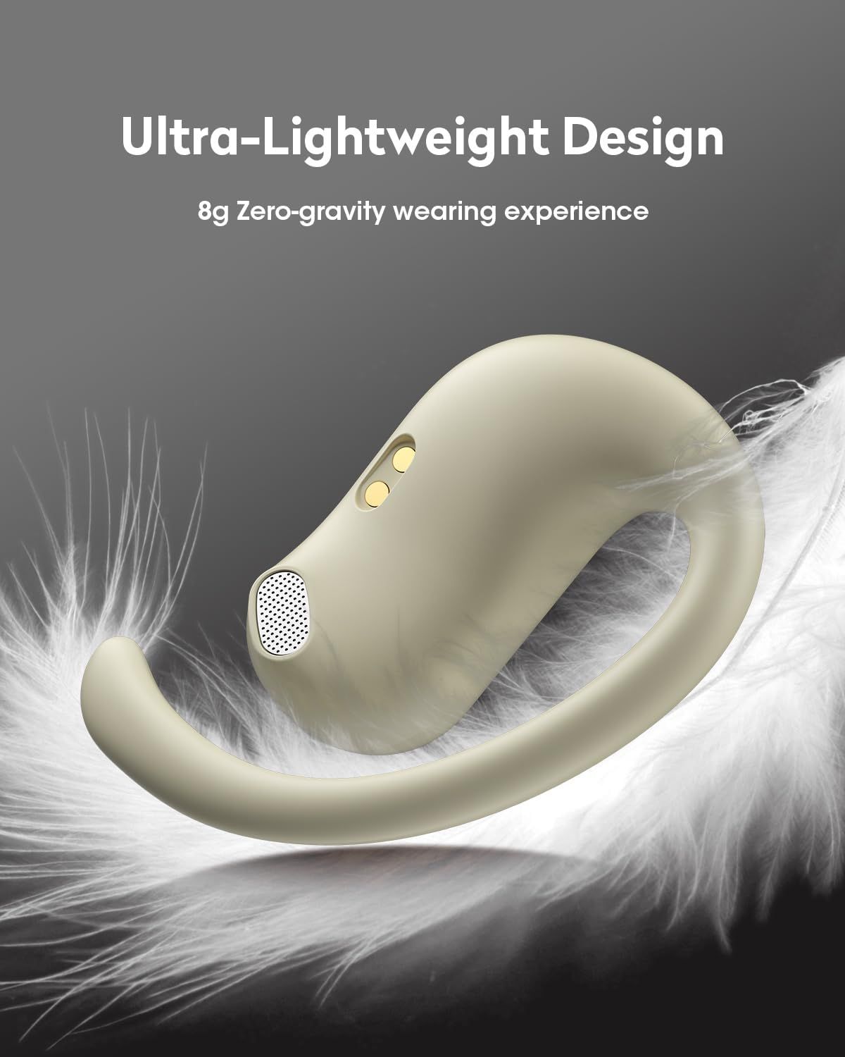 Communicates the product's extremely light weight (8g) to emphasize comfort and a 'zero-gravity' wearing experience, making it appealing for extended use. Highlights the primary benefit of…