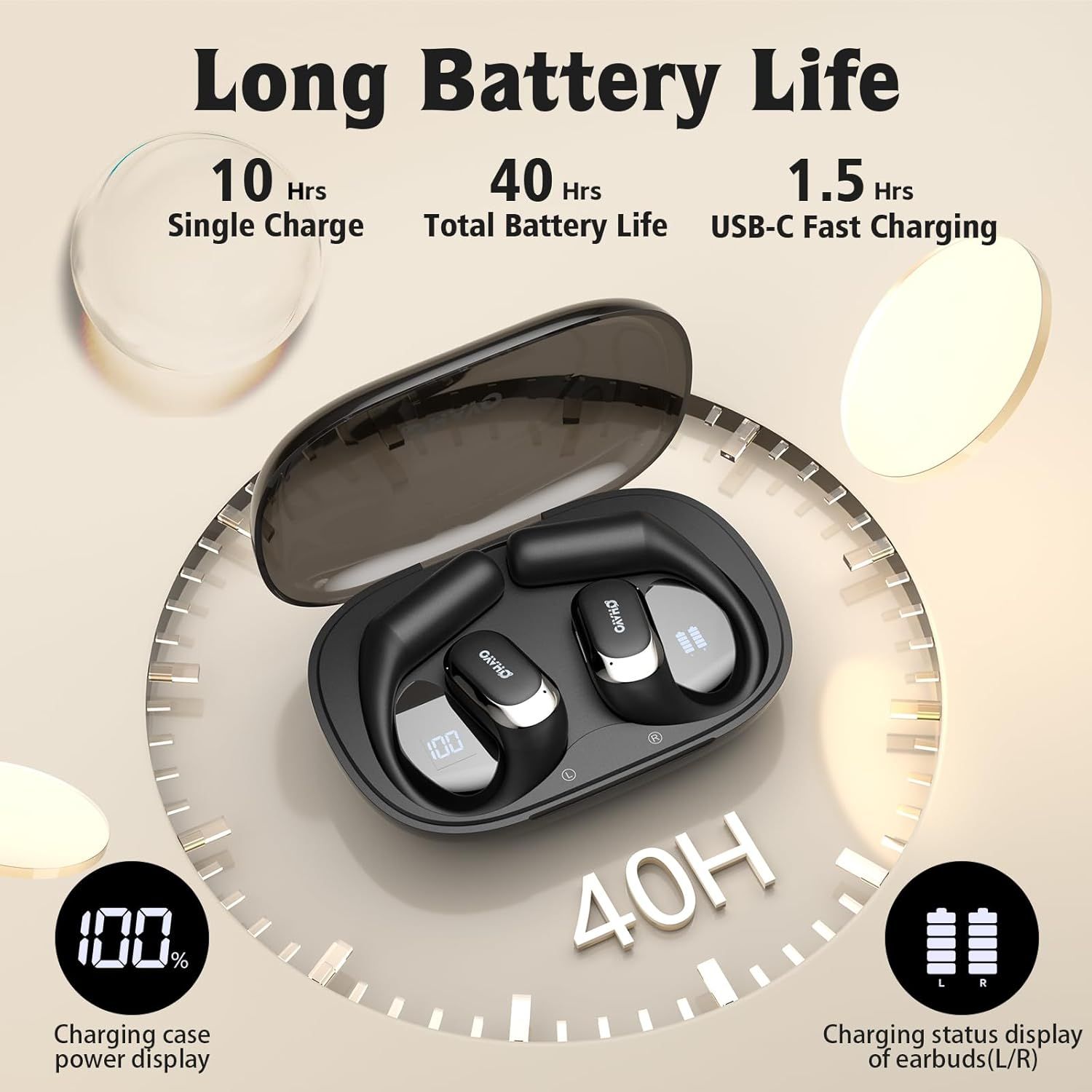Communicates the product's impressive battery performance with specific quantifiable stats (10 hrs single charge, 40 hrs total, 1.5 hrs fast charging) to reassure shoppers about long-lasting usage…