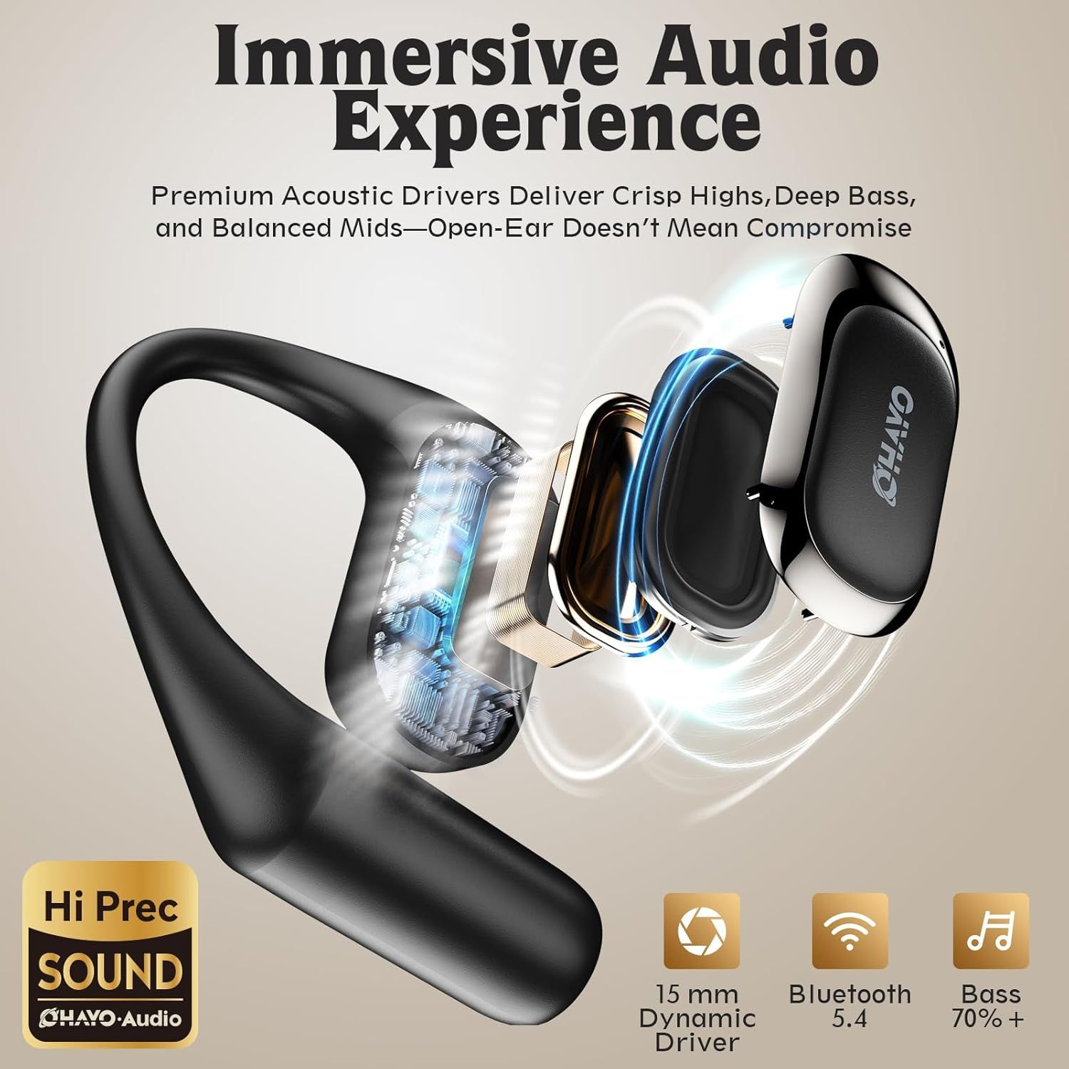 This image uses an exploded view to showcase the internal acoustic components and driver technology of the open-ear headphones, demonstrating the premium engineering and audio quality to reassure…