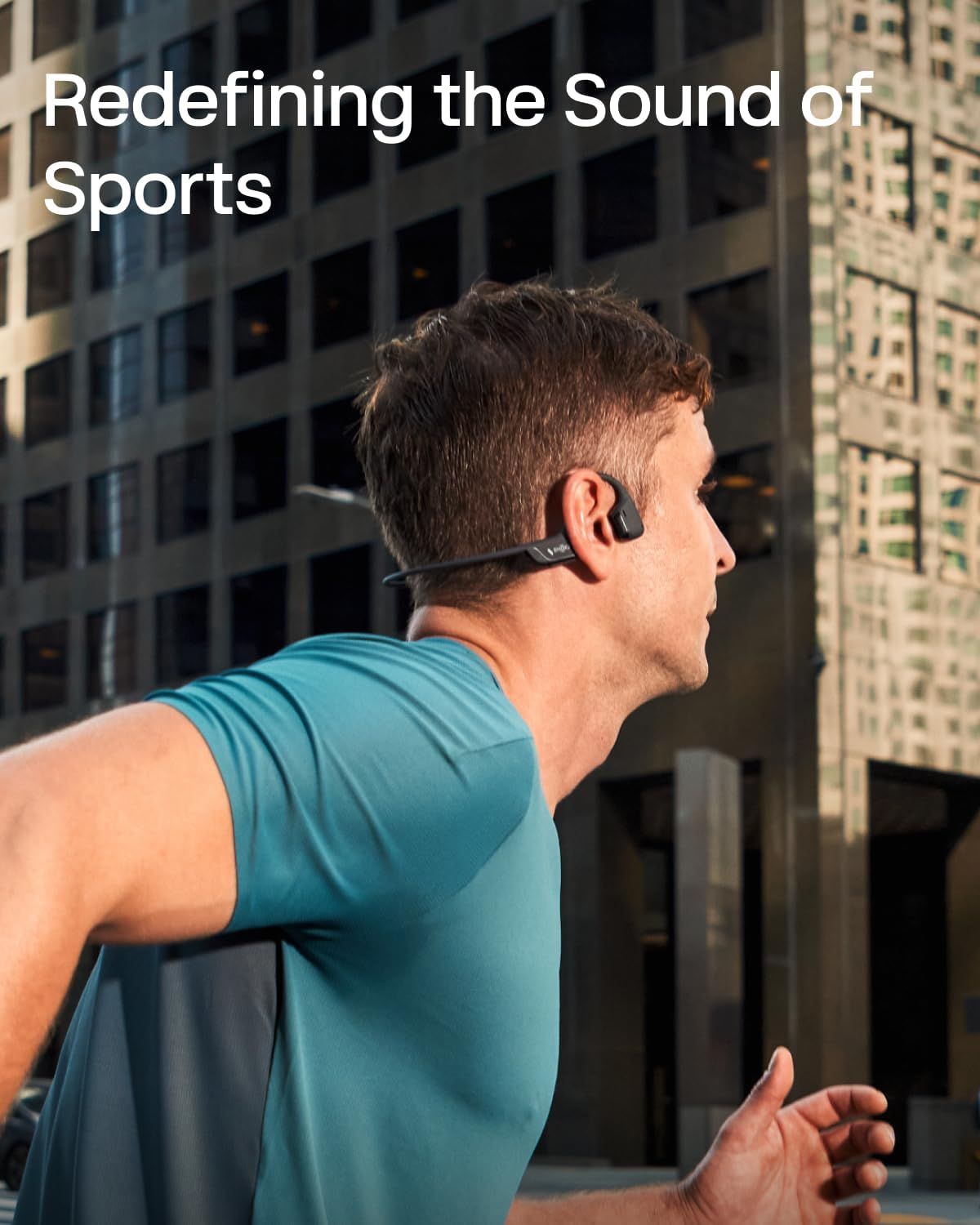 Demonstrates the product in a real-world athletic context to help shoppers visualize using the headphones during outdoor sports and fitness activities.