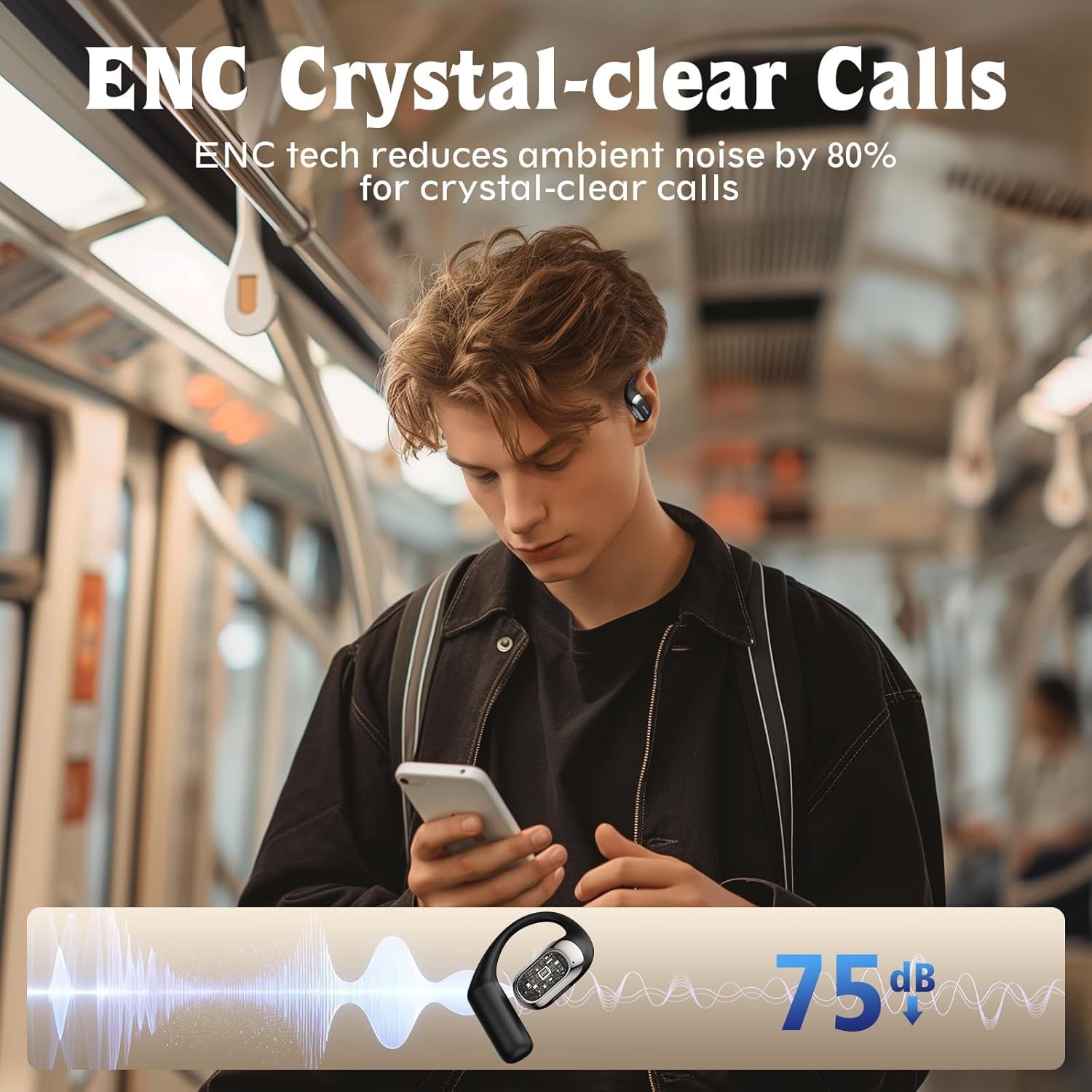 Communicates the quantifiable performance of the ENC (Environmental Noise Cancellation) technology, emphasizing 80% ambient noise reduction and 75dB noise cancellation to reassure shoppers of…