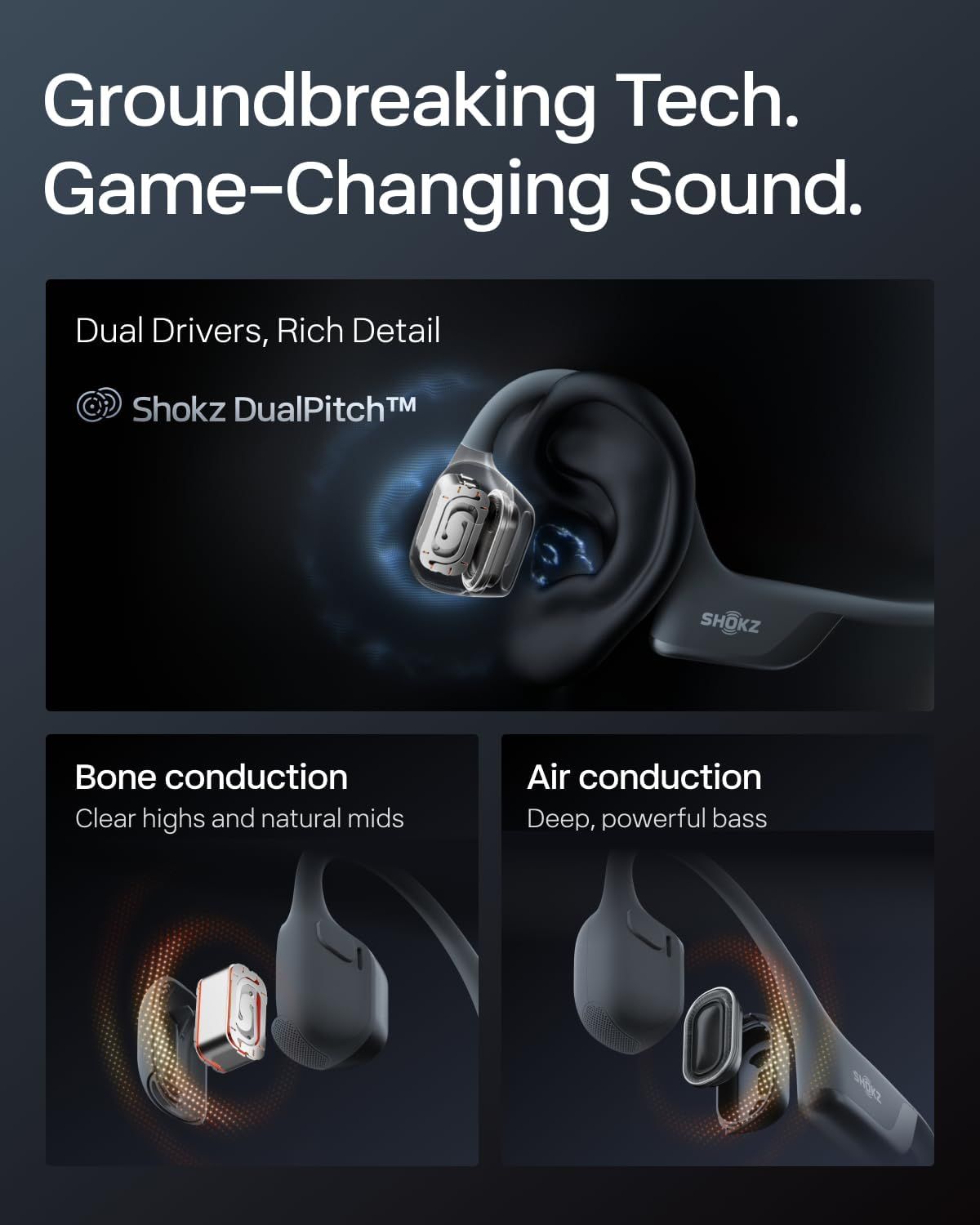 Explains the internal dual-driver audio technology (Shokz DualPitch™) by breaking down how bone conduction delivers clear highs and natural mids while air conduction provides deep, powerful bass,…