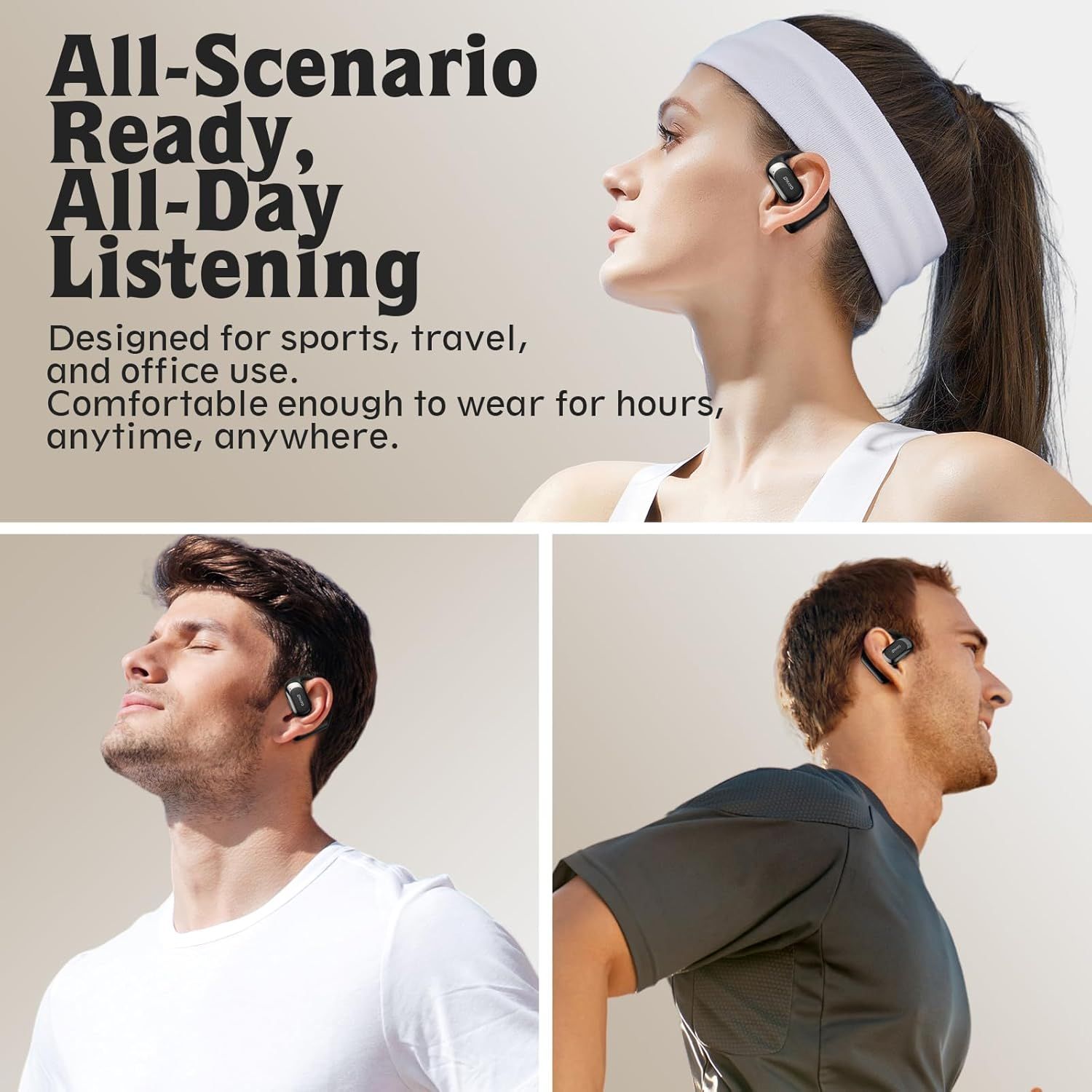 Demonstrates the versatility of the wireless earbuds by showing them being used in multiple real-world scenarios (sports, casual, and active settings) to reassure shoppers they work for all-day,…