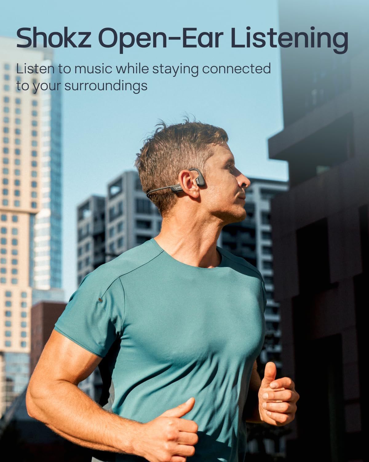 Communicates the key benefit of open-ear technology that allows users to enjoy music while remaining aware of their surroundings for safety during outdoor activities.