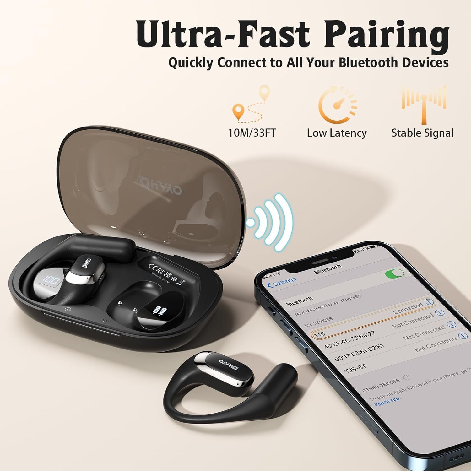 Communicates multiple technical benefits of the Bluetooth earbuds' connectivity performance, reassuring shoppers that pairing is quick and the connection is reliable with good range and low latency.