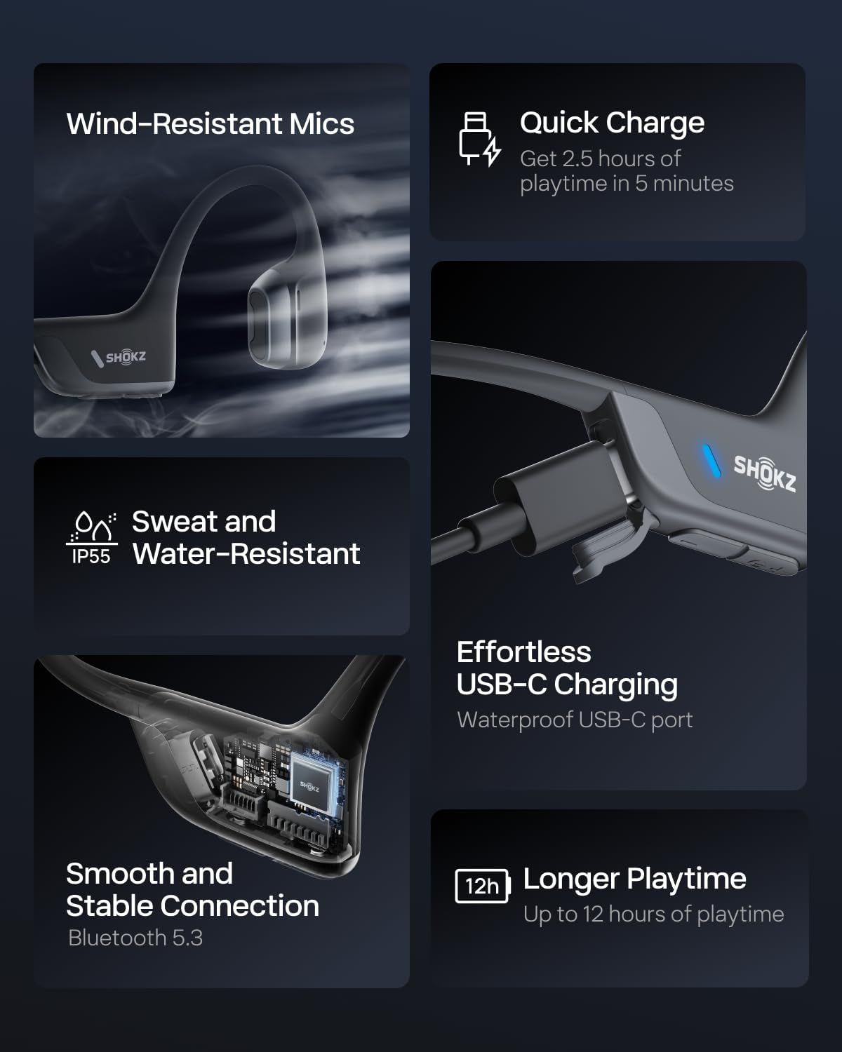 This image showcases multiple distinct product benefits in a segmented grid layout, highlighting the headset's durability, charging speed, connectivity, and battery life to communicate comprehensive…