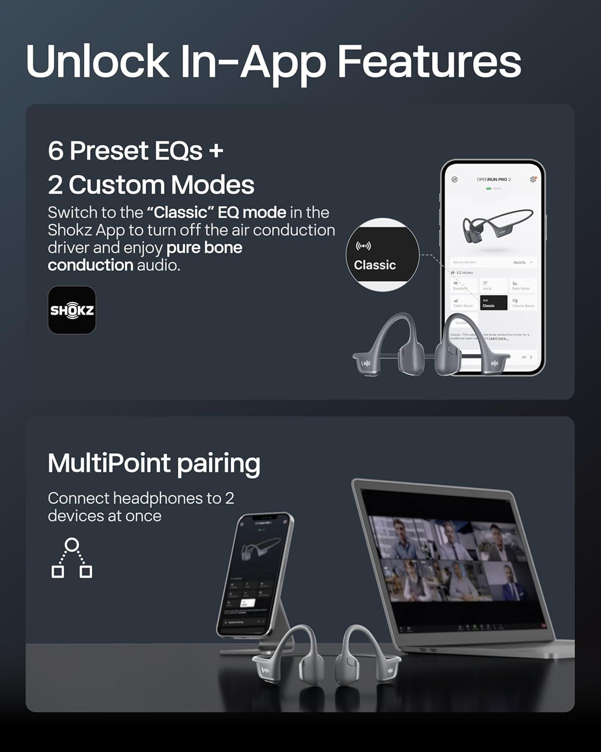 Communicates two distinct advanced features of the bone conduction headphones: customizable audio settings through the app and the ability to connect to multiple devices simultaneously, reassuring…