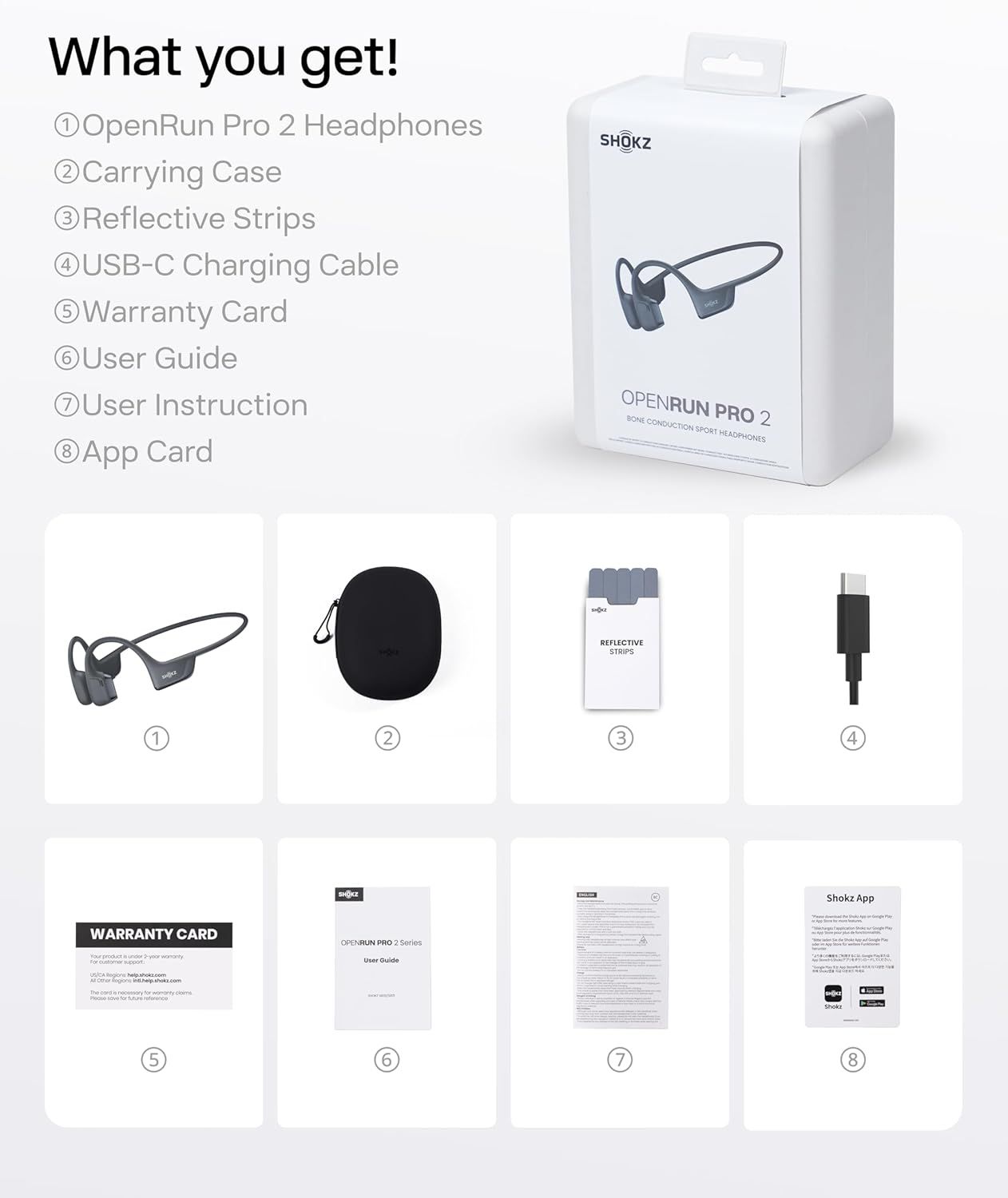 Shows the customer everything included in the box—headphones, carrying case, reflective strips, USB-C cable, warranty card, user guide, instruction manual, and app card—to reassure them of the…