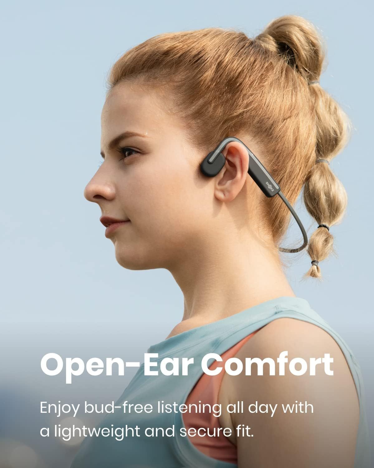 Highlights the open-ear design and comfort benefits of the bone conduction headphones, reassuring shoppers that they can enjoy bud-free listening all day with a lightweight and secure fit.