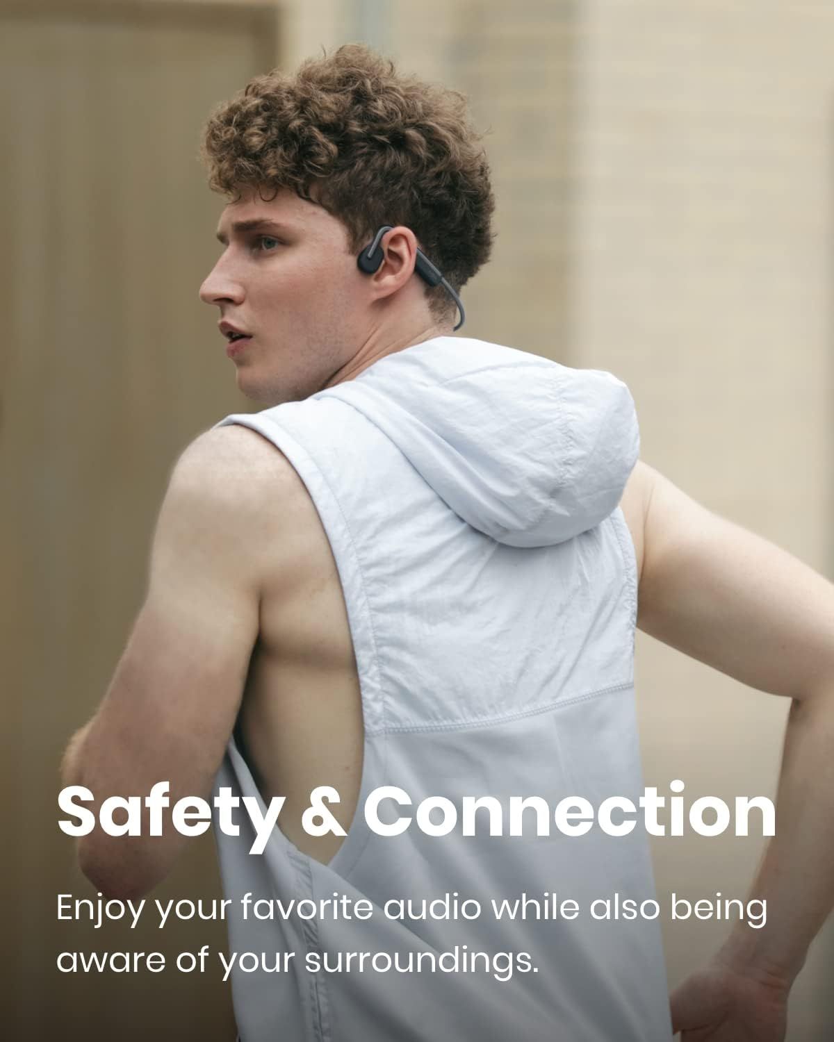 Communicates that the product allows users to enjoy audio while remaining aware of their surroundings for safety during outdoor activities.