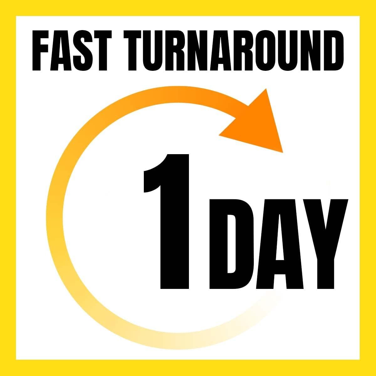 Communicates that the product or service offers a 1-day turnaround, emphasizing speed and efficiency to reassure shoppers looking for quick delivery or processing.