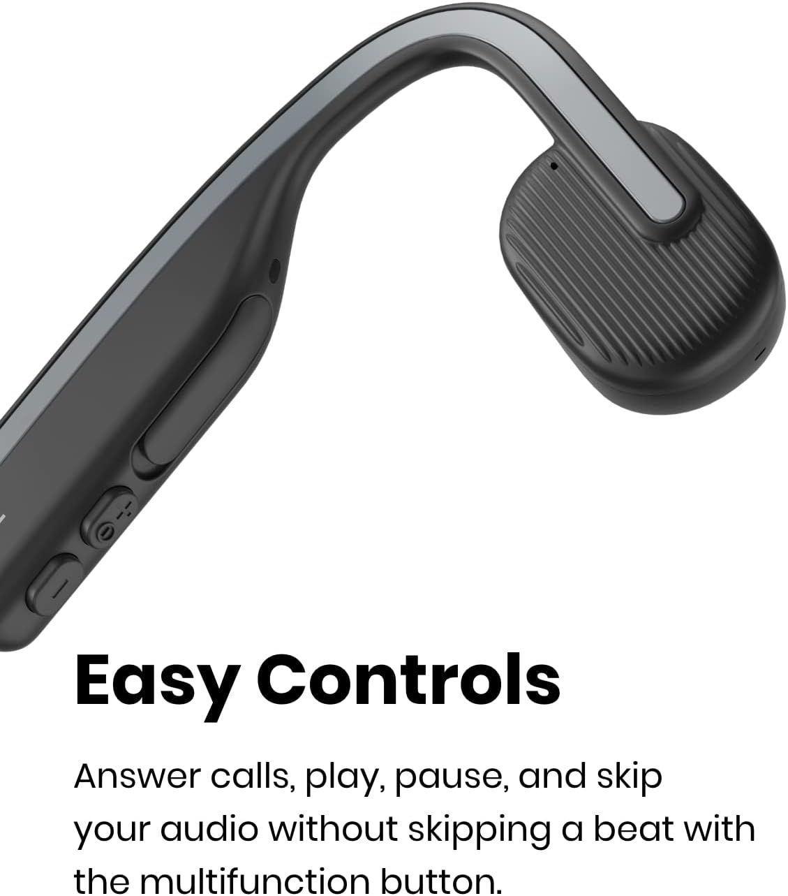 Highlights the convenience of the multifunction button that allows users to answer calls, play, pause, and skip audio easily without interrupting their activity.