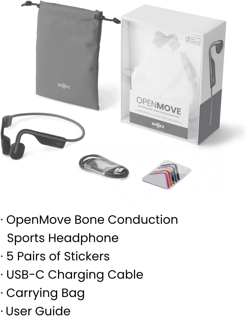 Shows everything included in the box to reassure shoppers they are getting a complete package with headphones, charging cable, stickers, carrying bag, and user guide.