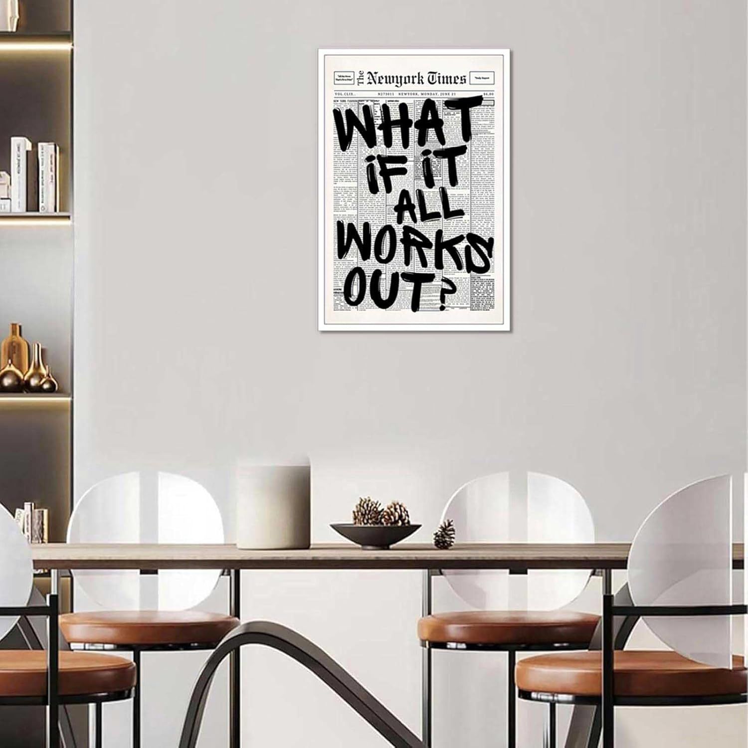Demonstrates how the product looks when displayed in a real-world dining room setting, helping shoppers visualize the art piece in their own home.