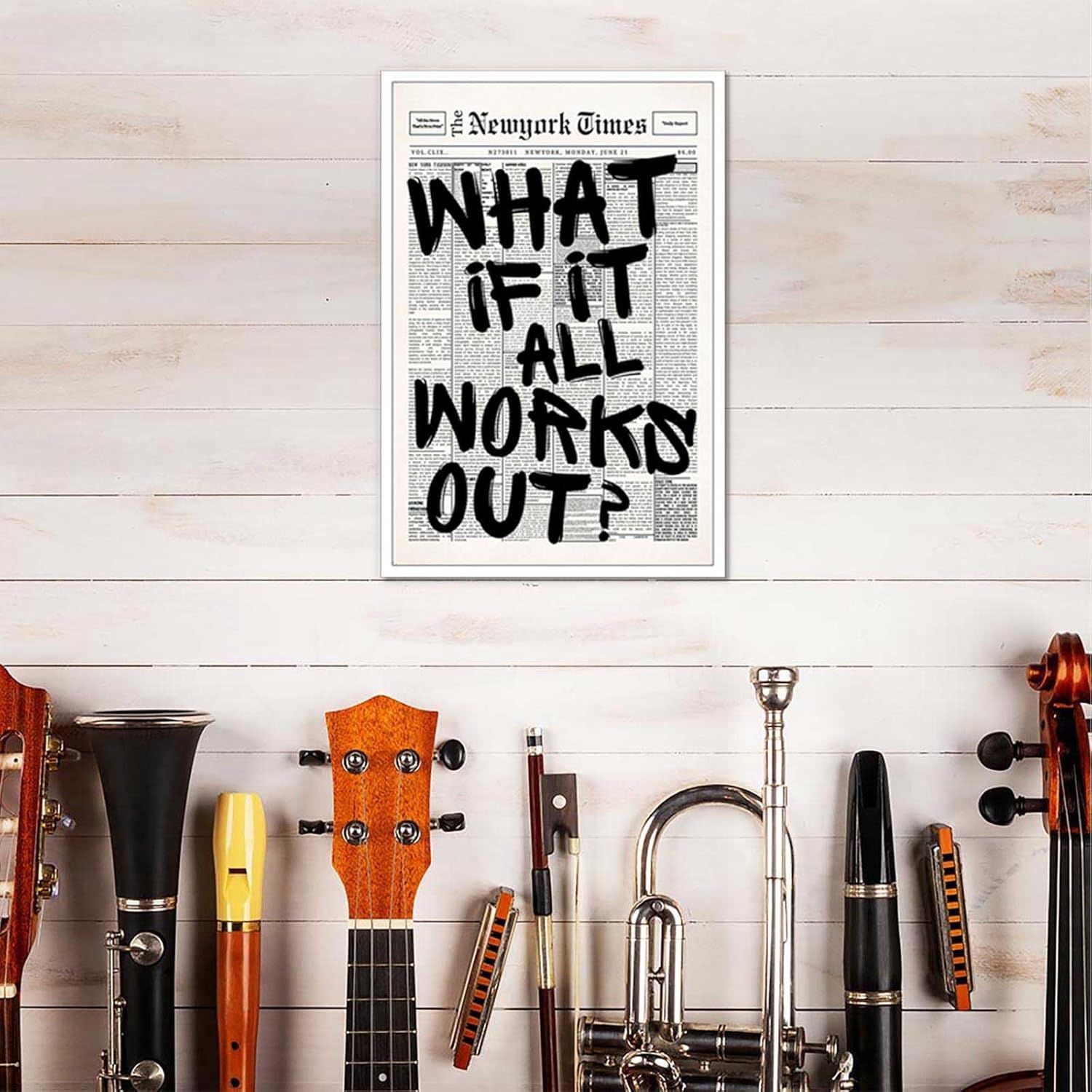 Showcases the product (motivational poster/wall art) in a real-world lifestyle setting to help shoppers visualize how it would look displayed in their own home or creative space.