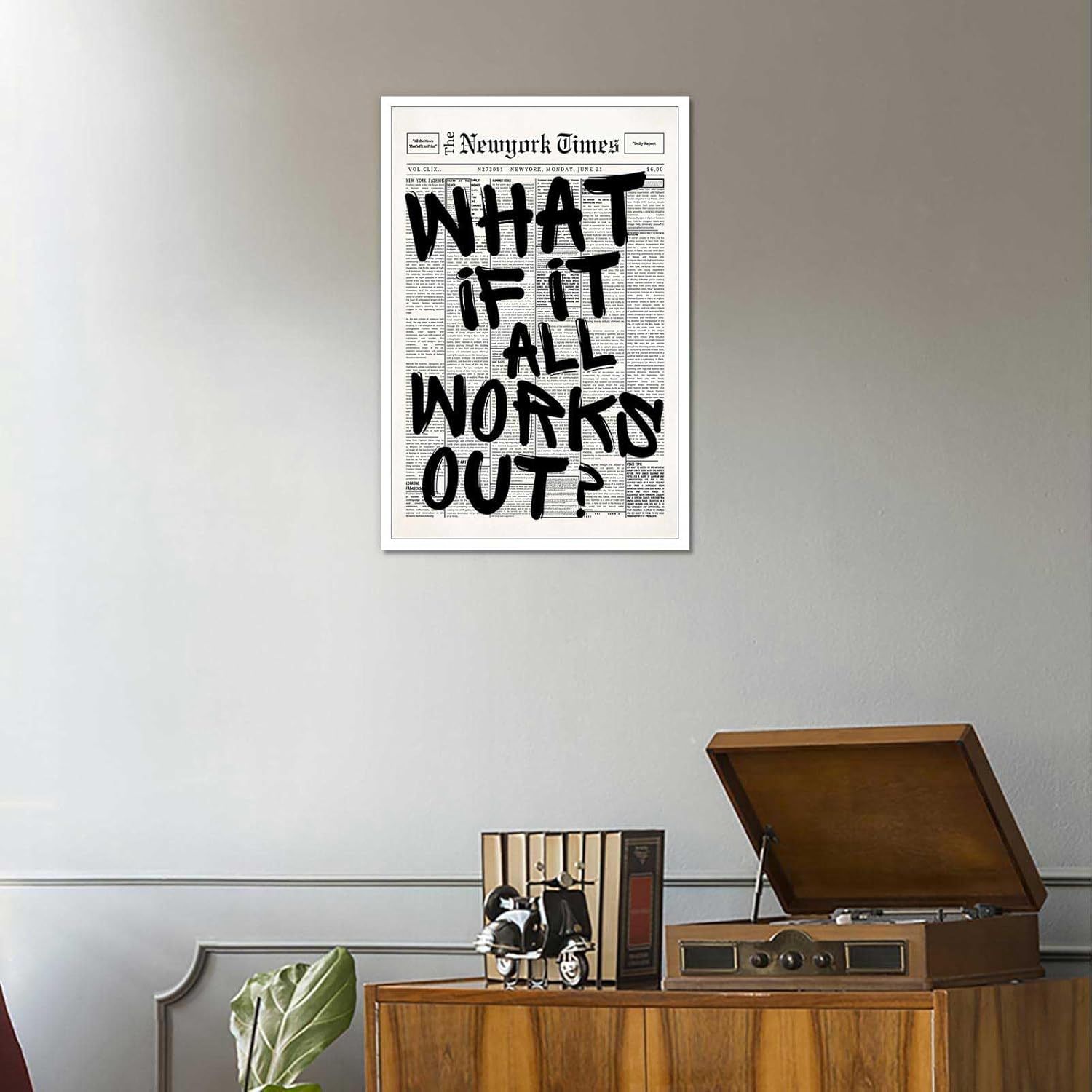 Shows the product (framed art print) in a real-world home setting to help shoppers visualize how it would look displayed in their own space.