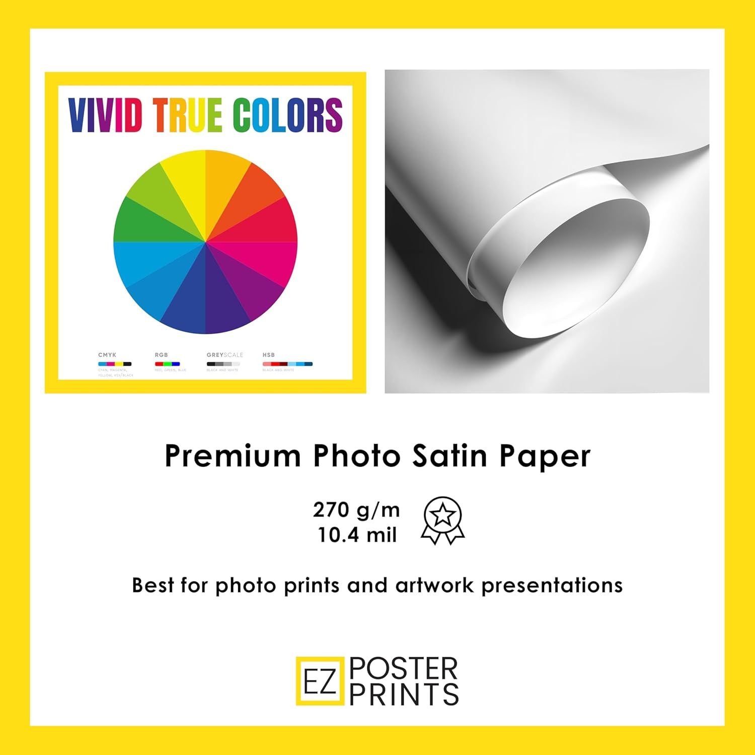 Communicates the premium quality of the photo satin paper, emphasizing vivid color reproduction and material specifications to reassure shoppers about print quality and suitability for photo prints…