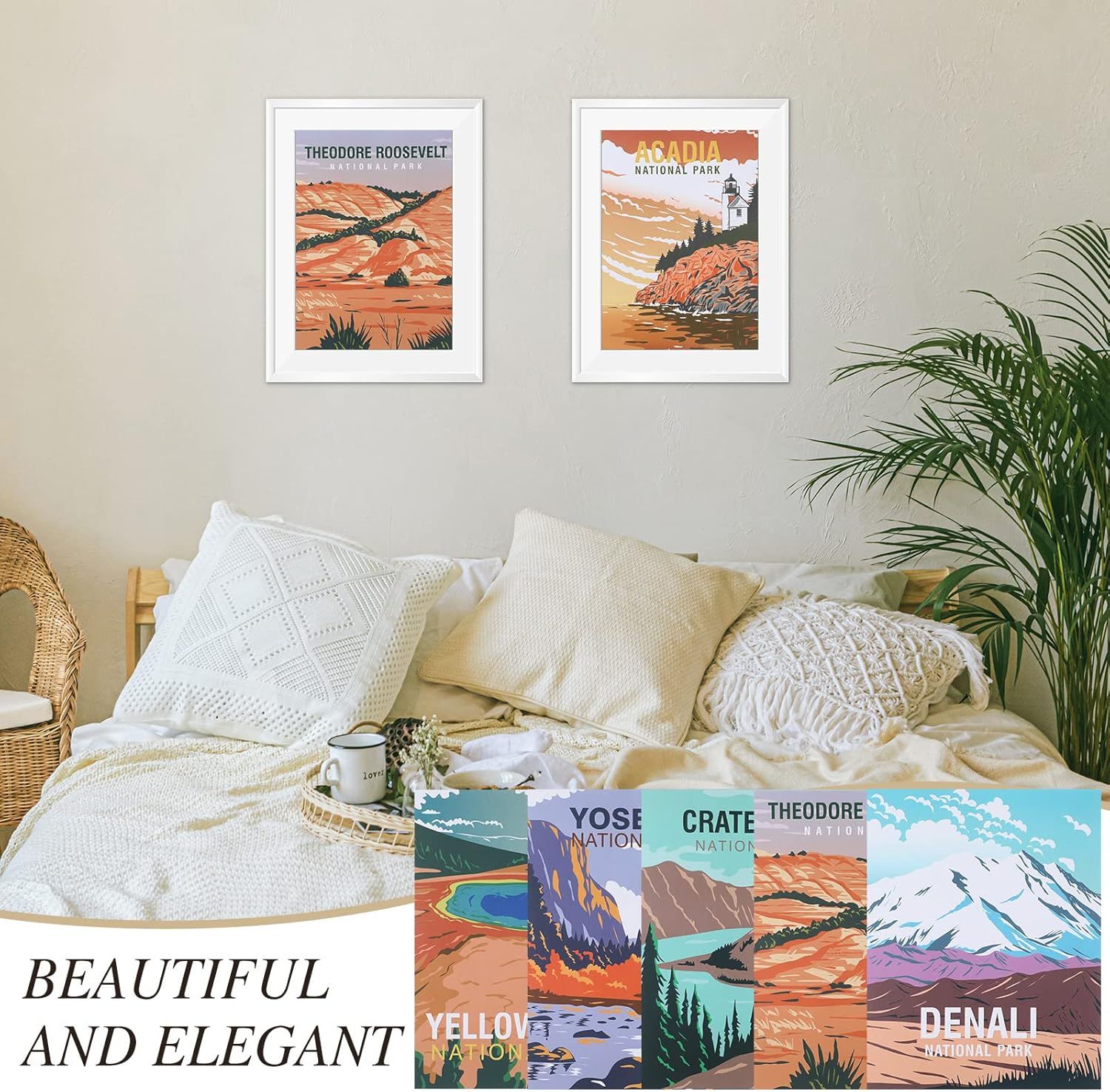 Demonstrates how the national park prints look when displayed in a real home setting to help shoppers visualize the product in their own space.