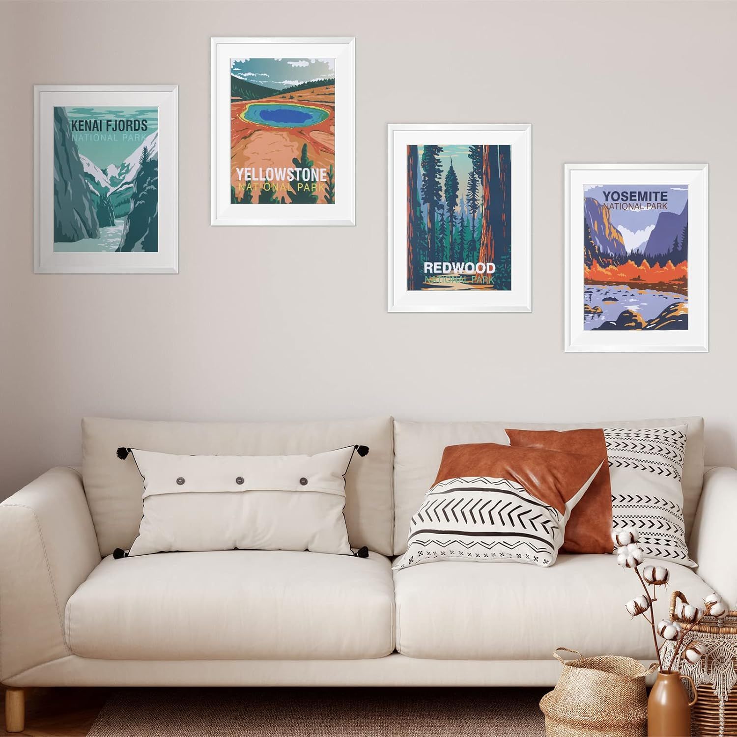 Demonstrates how the national park poster prints look when displayed in a real home setting, helping shoppers visualize the product in their own living space.