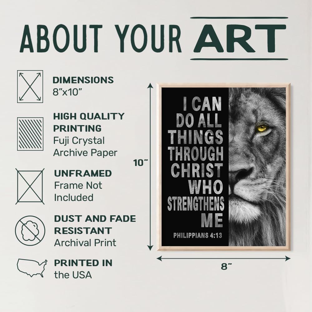 Communicates multiple product specifications and quality features in a segmented layout to inform shoppers about the art print's size, printing quality, archival properties, and manufacturing origin.