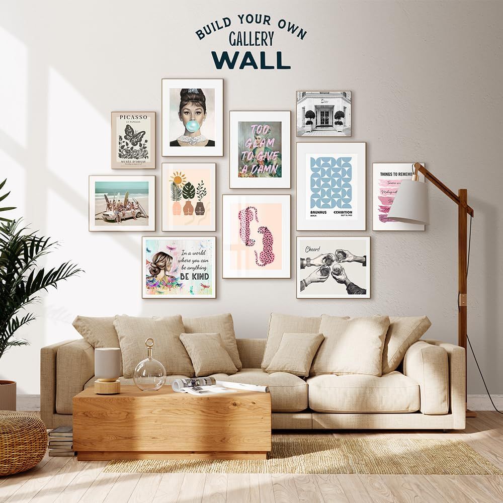 Showcases the brand's diverse product line of framed art prints and wall decor options, helping shoppers visualize how multiple pieces from the collection can be styled together to create a cohesive…