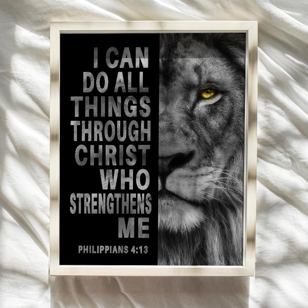 Communicates an inspirational, faith-based message of strength and resilience through Christ, using powerful imagery and a biblical quote to emotionally connect with shoppers seeking motivational…