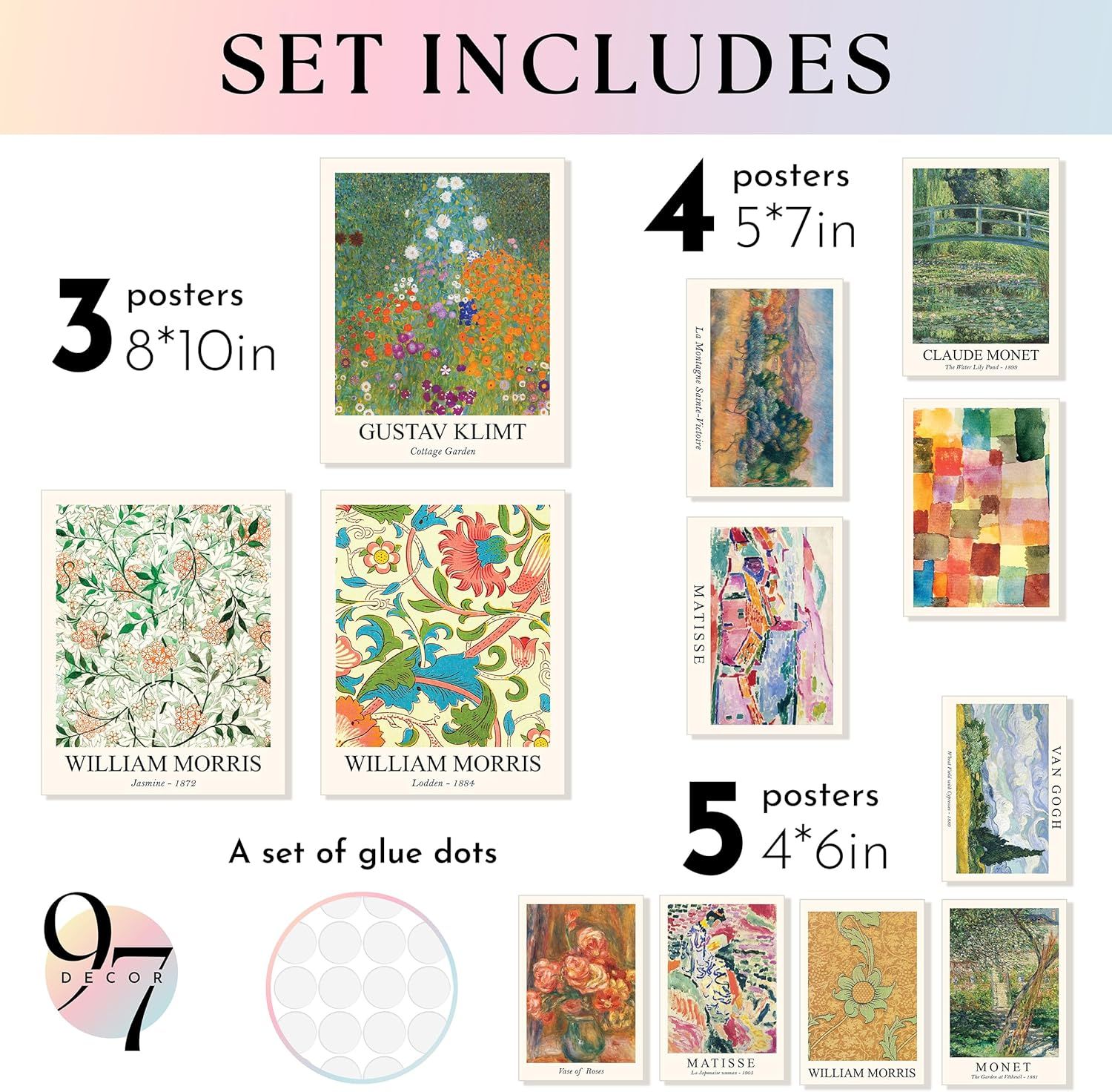 Shows the customer everything included in the purchase: 3 large posters (8x10in), 4 medium posters (5x7in), 5 small posters (4x6in), and a set of glue dots for easy mounting.