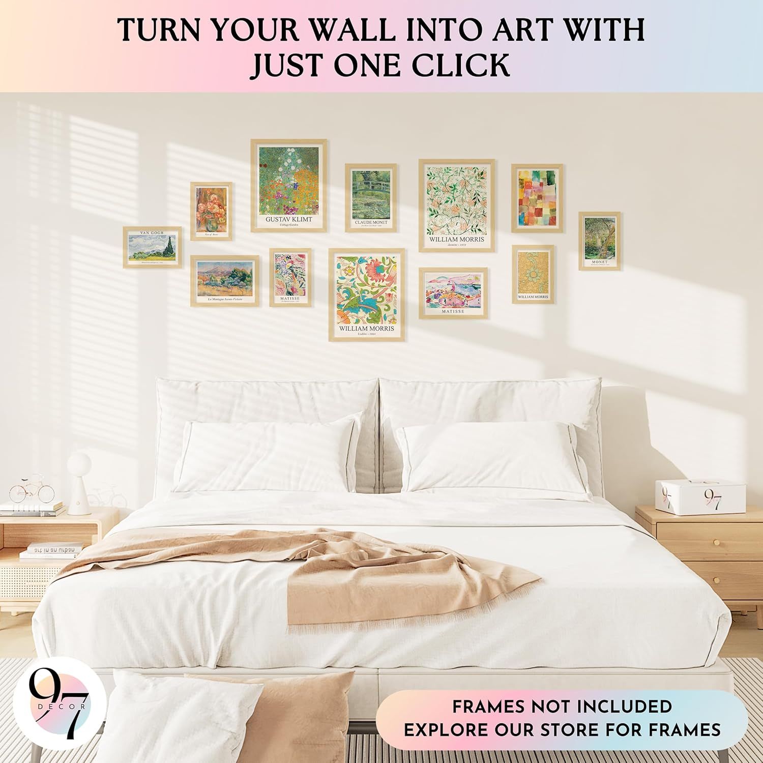 Demonstrates how the product (art prints) can be used to create an attractive gallery wall in a bedroom setting, showing shoppers the decorative potential and inspiring them with a real-world…