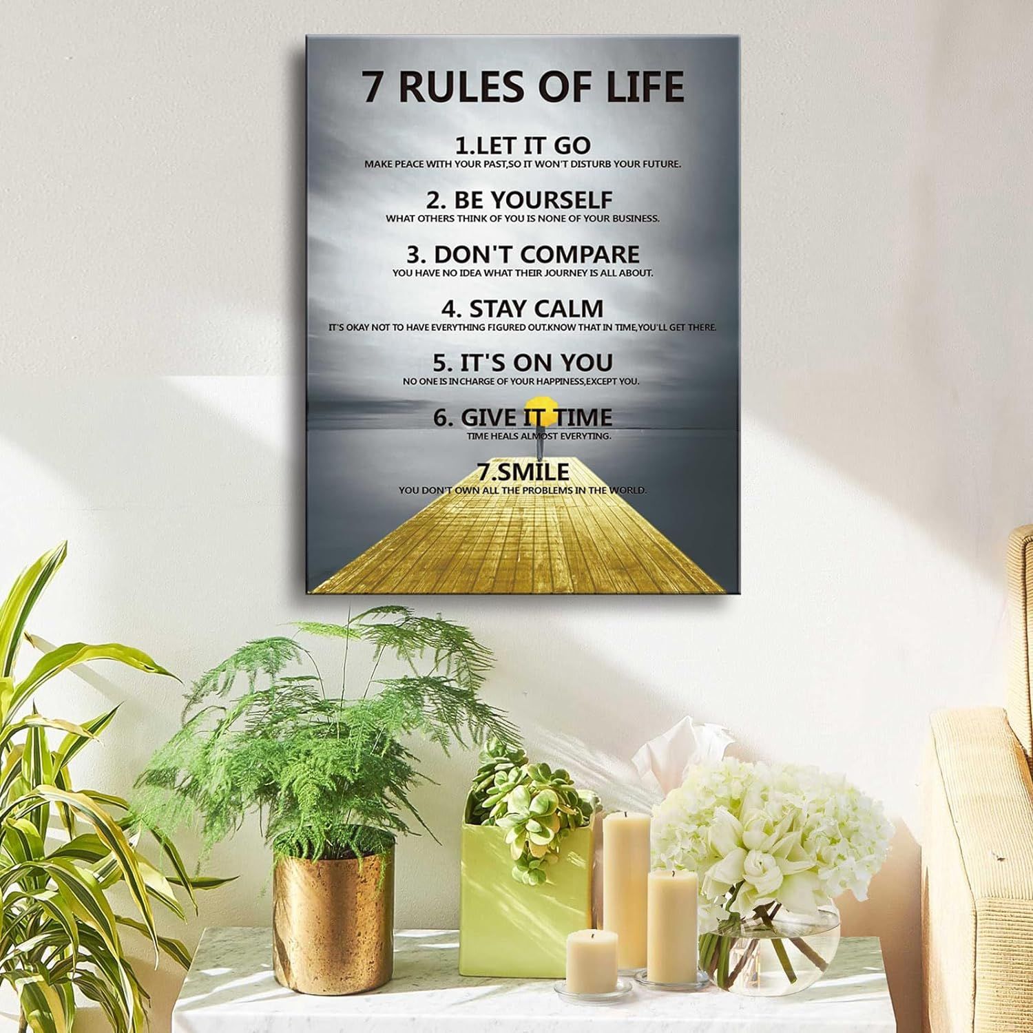 Communicates seven distinct life principles in a segmented, numbered list format to inspire and guide shoppers seeking motivational wall art.