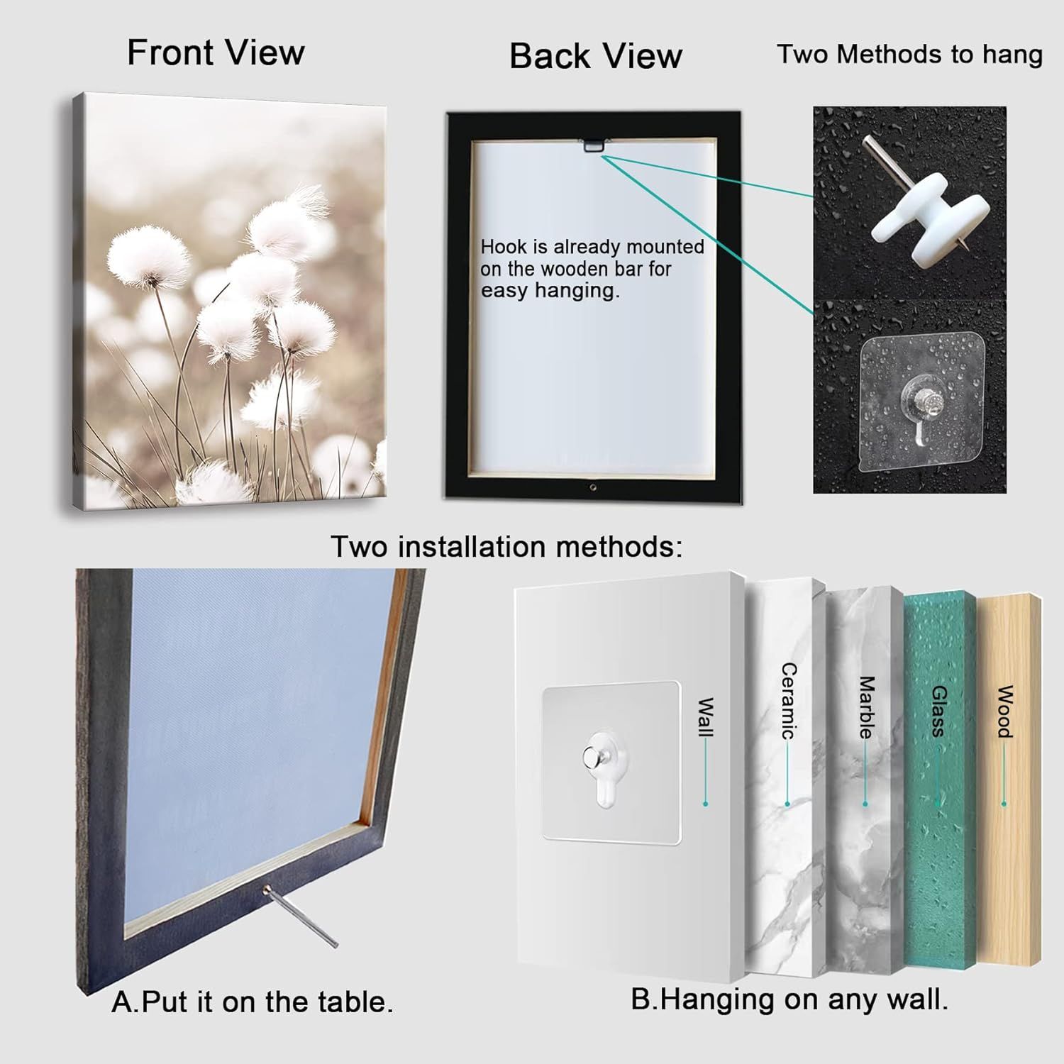 Demonstrates two ways to display the product: either standing on a table or hanging on a wall using the included hardware, reassuring shoppers about ease of setup and versatility. Shows the product…