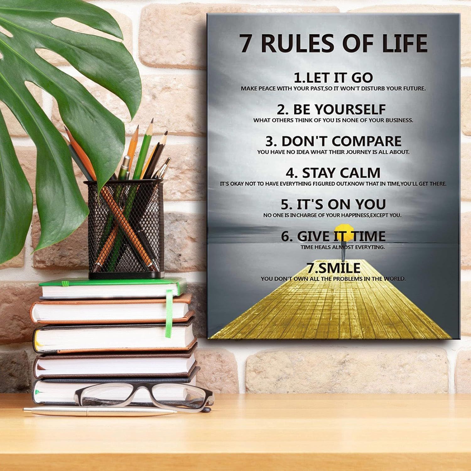 Communicates seven distinct life principles in a segmented, numbered list format to provide motivational guidance and emotional reassurance to the shopper.