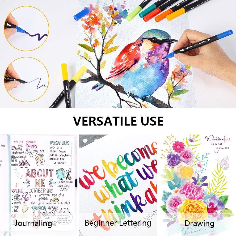 Demonstrates the multiple creative applications of the dual-tip pens, showing shoppers they can use the product for journaling, hand lettering, and artistic drawing.