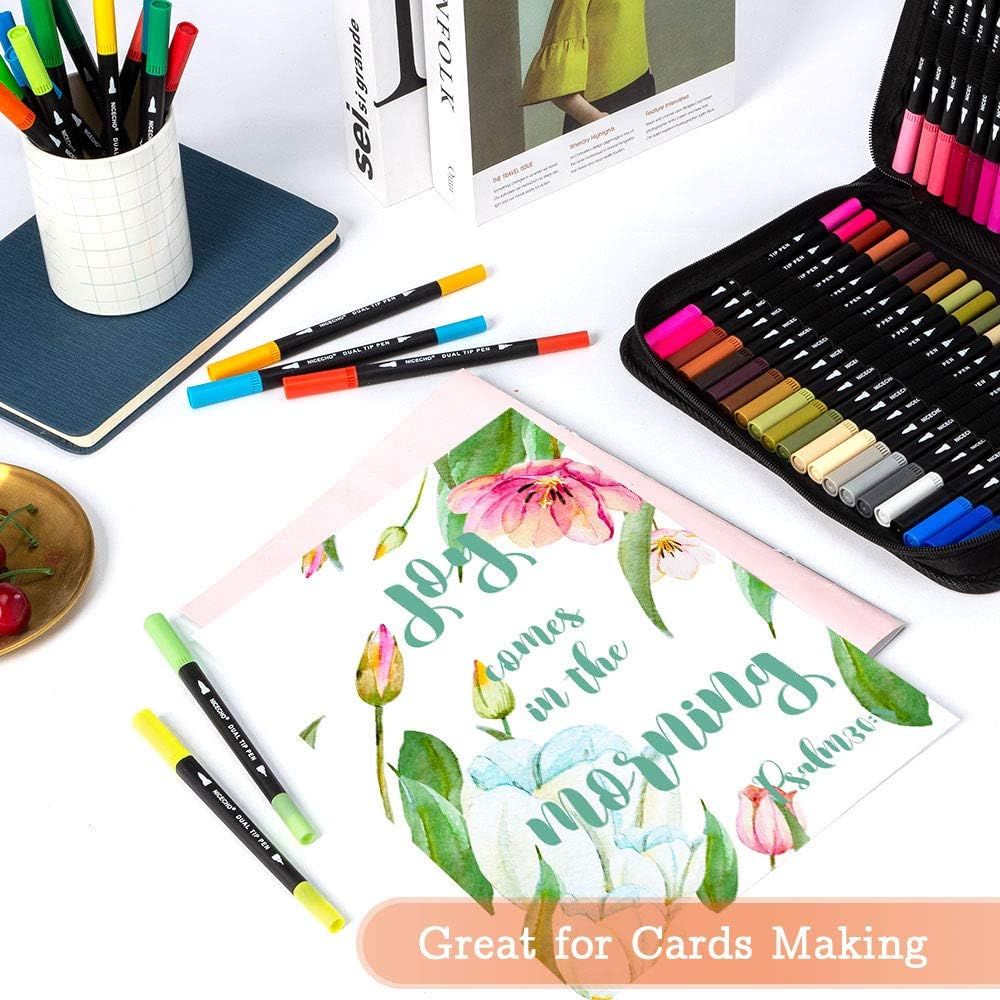 Demonstrates a specific creative use case for the marker set, showing shoppers how the product can be used for artistic card making and lettering projects.