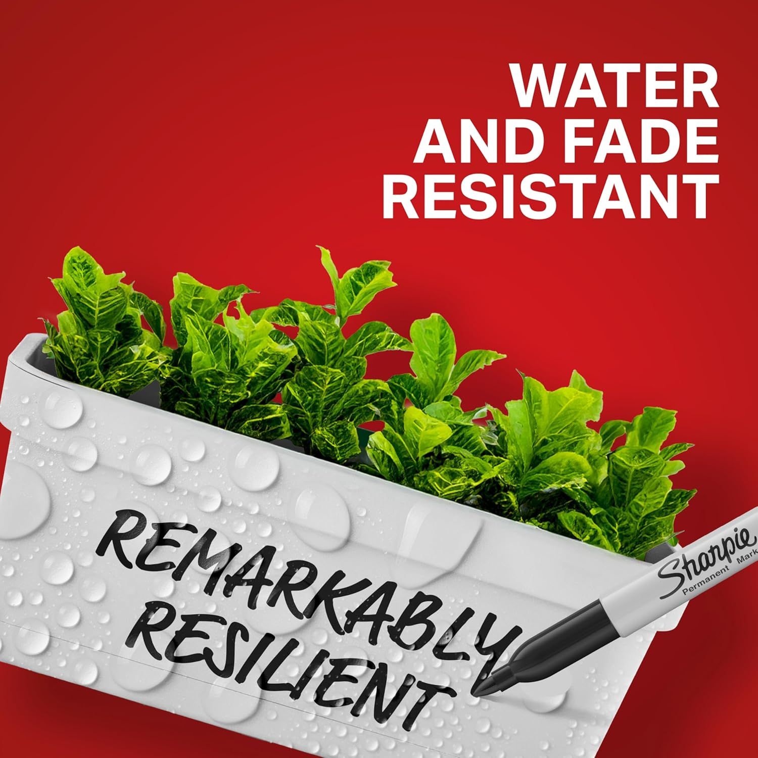 Communicates that the Sharpie marker is water and fade resistant, demonstrating durability and reliability for permanent marking needs.