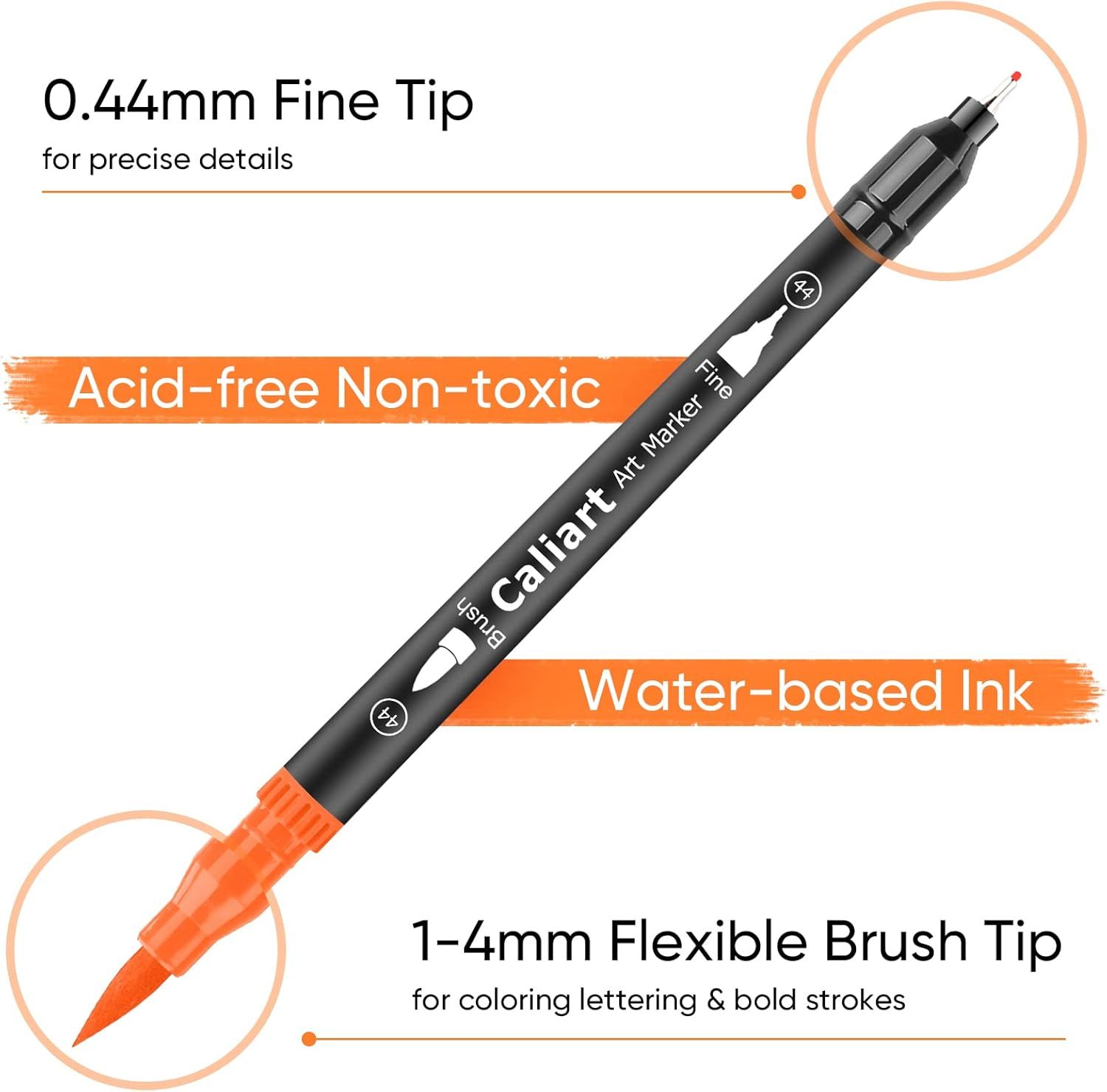 This image breaks down the dual-tip art marker by highlighting its physical components and material properties, showing shoppers the precise fine tip for detail work and the flexible brush tip for…