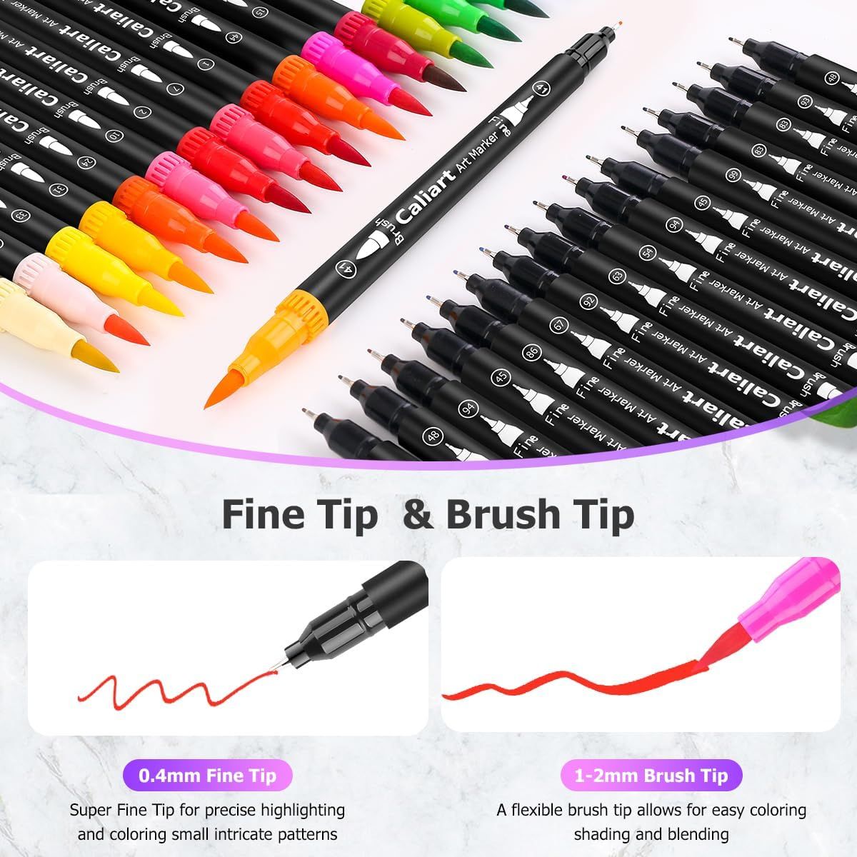 Highlights the product's dual-tip functionality, showing the 0.4mm fine tip for precise work and the 1-2mm brush tip for coloring and blending, helping shoppers understand the versatility of the…