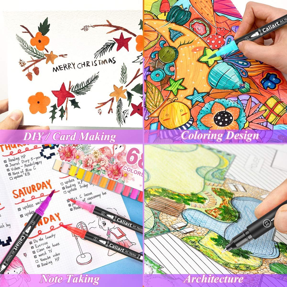 Demonstrates multiple use cases for the marker product, showing it can be used for holiday card making, detailed coloring, journaling and planning, and architectural drawing to communicate…