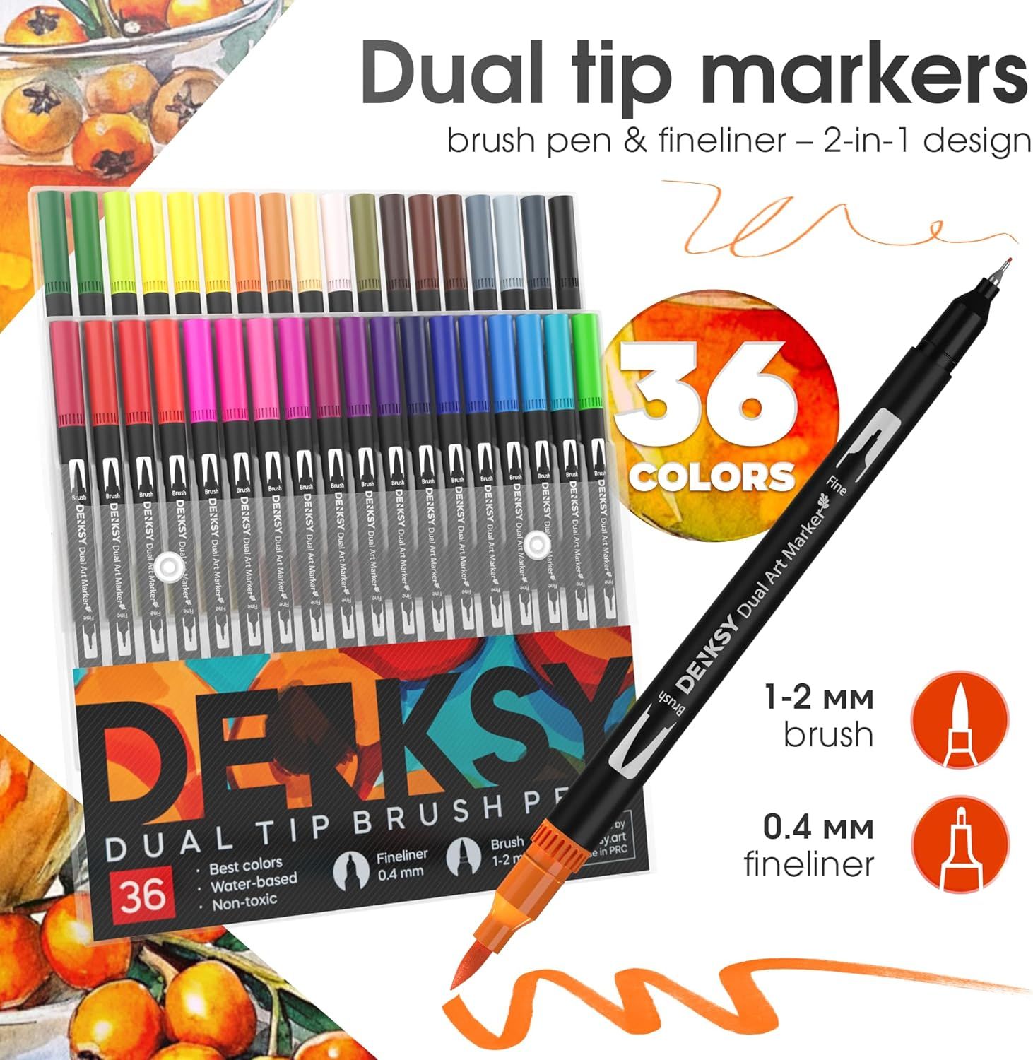 Communicates multiple key product features in a segmented layout: the dual-tip functionality, the large color variety, and the specific tip sizes, helping shoppers understand the versatility and…
