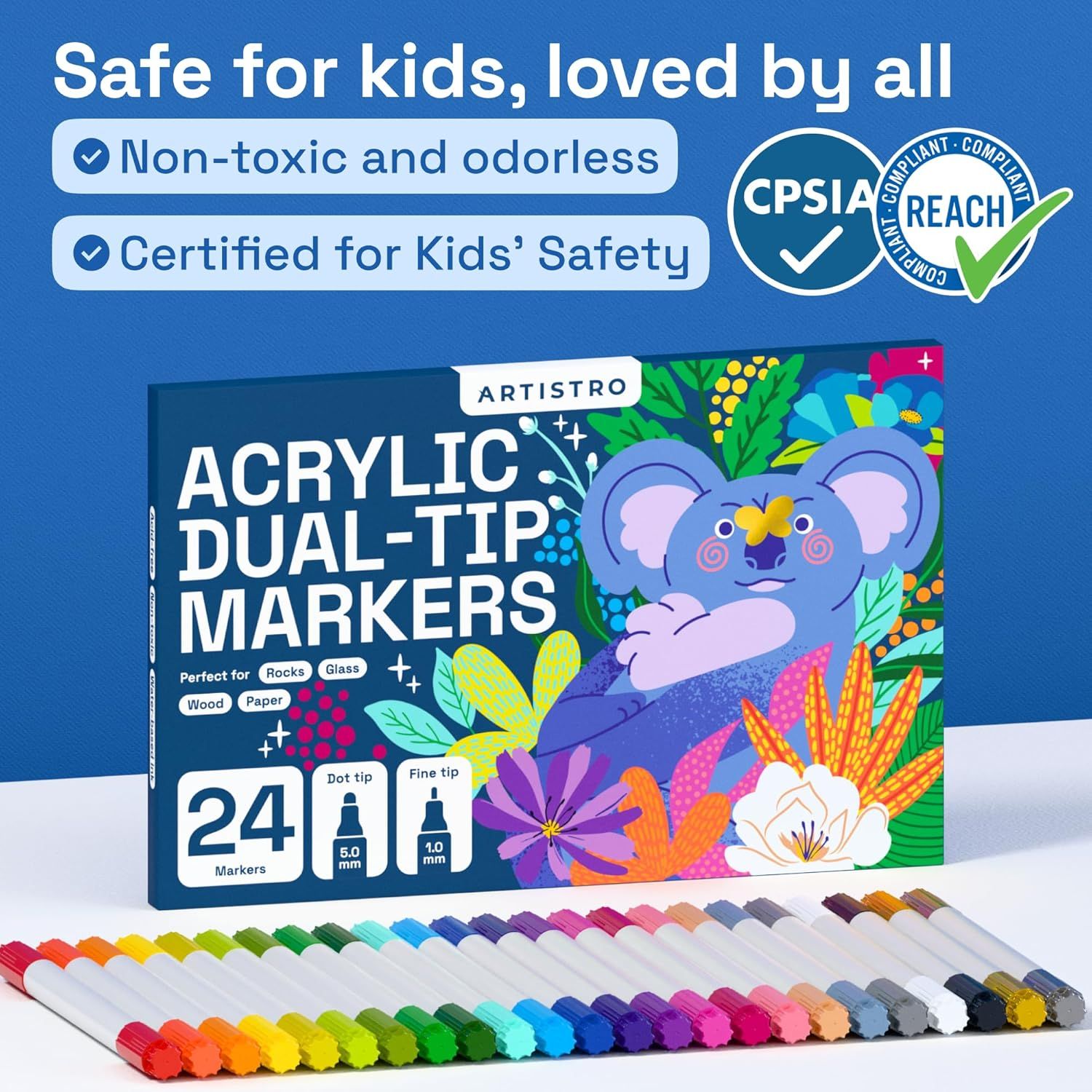 Reassures parents that the acrylic markers are safe for children to use, highlighting non-toxic materials and safety certifications. Shows the complete set of 24 markers in various colors that…
