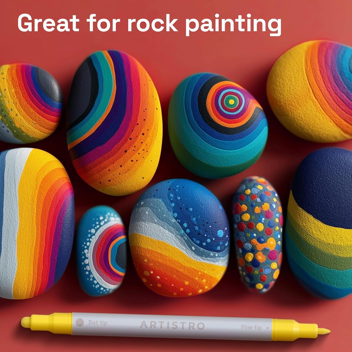 Demonstrates a specific creative use case for the product (paint marker), showing shoppers that it's ideal for rock painting projects and artistic applications.