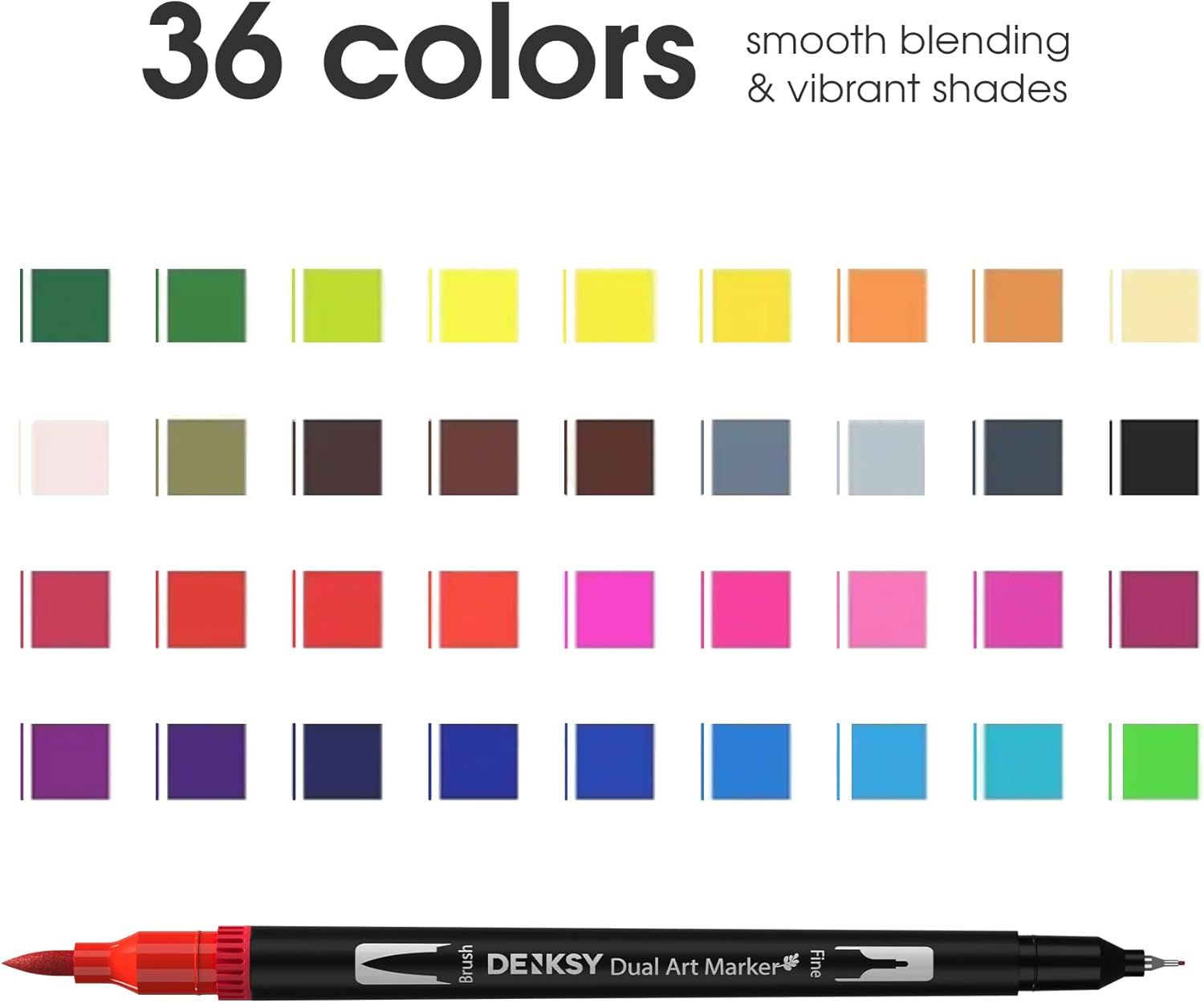 Displays the full range of 36 available colors to help shoppers understand the variety and options within the product line, emphasizing smooth blending and vibrant shades.